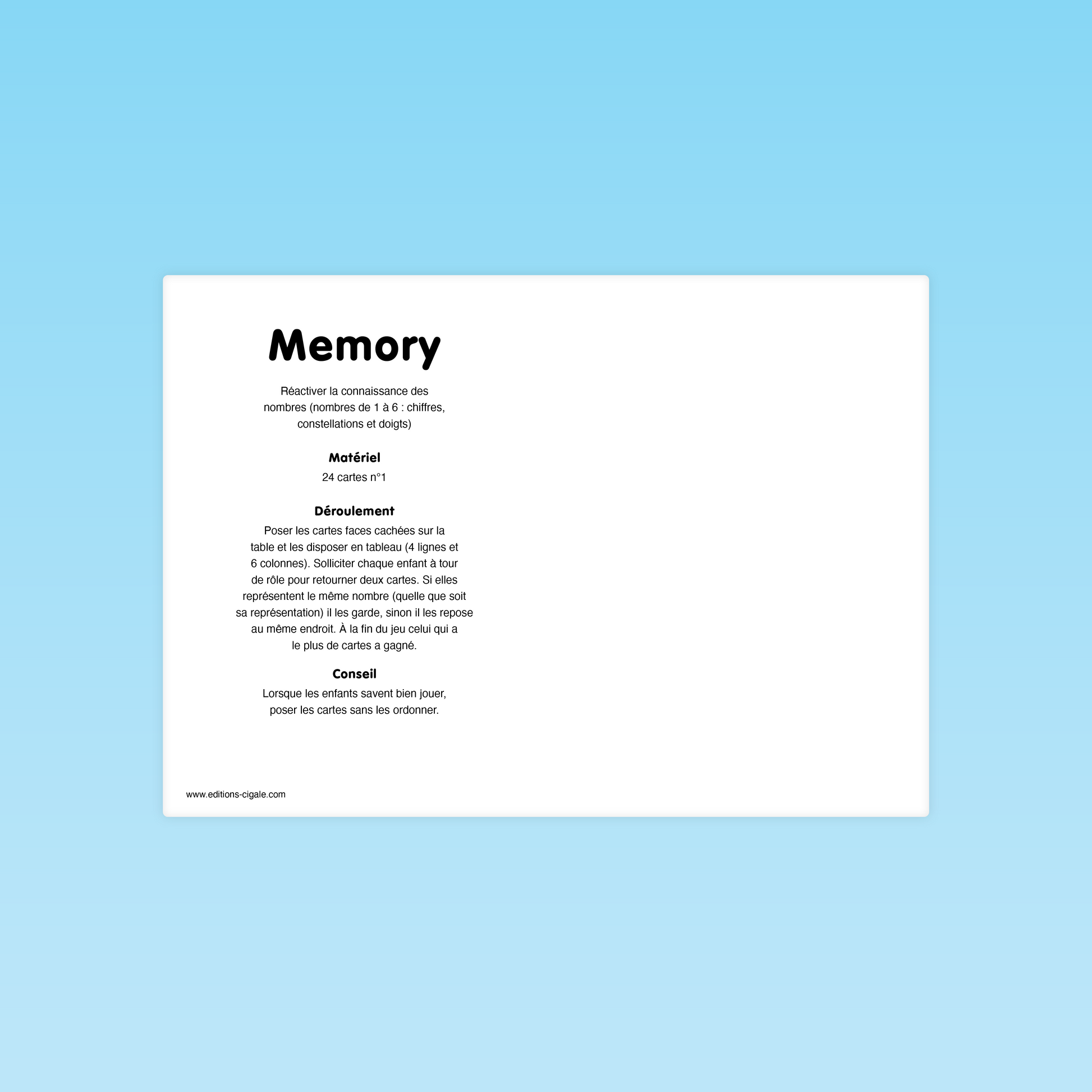 Règle du jeu Memory des nombres – apprentissage des représentations du nombre