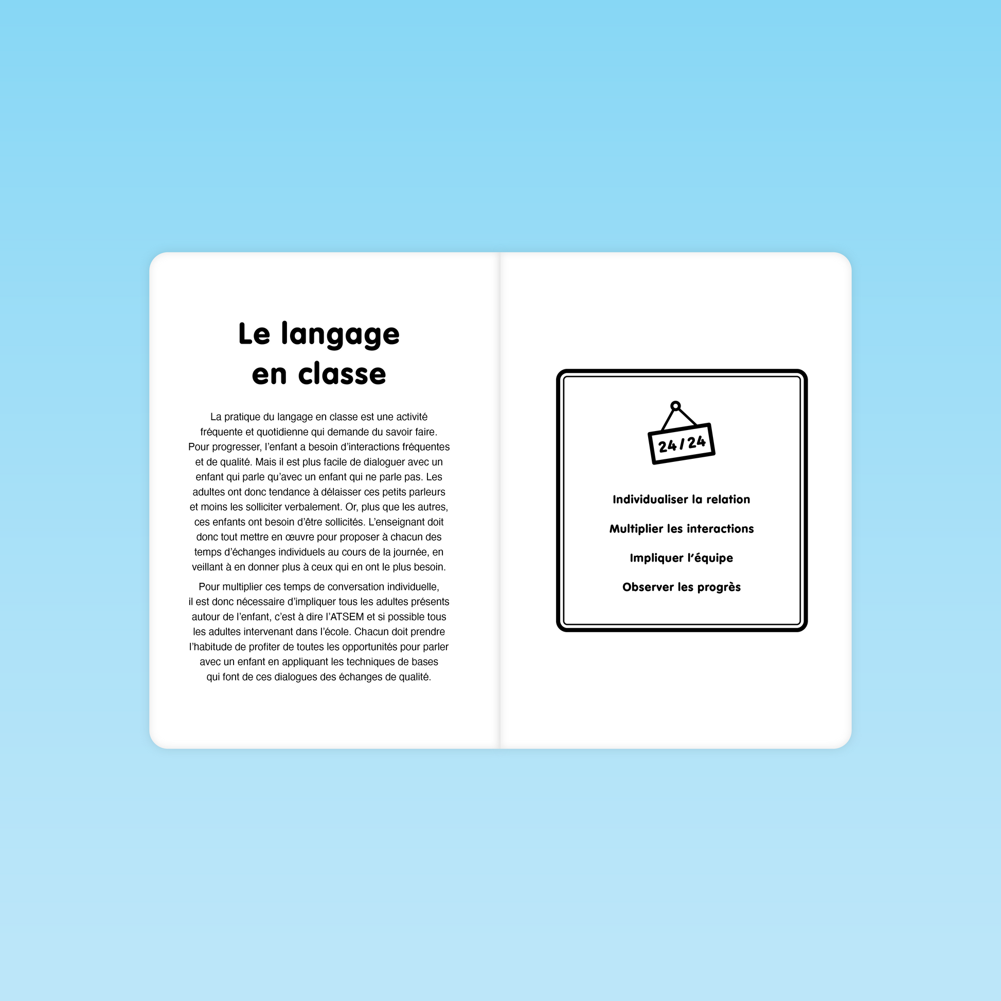 double page sur la mise en œuvre du langage en classe avec objectifs de différenciation, interactions et observation
