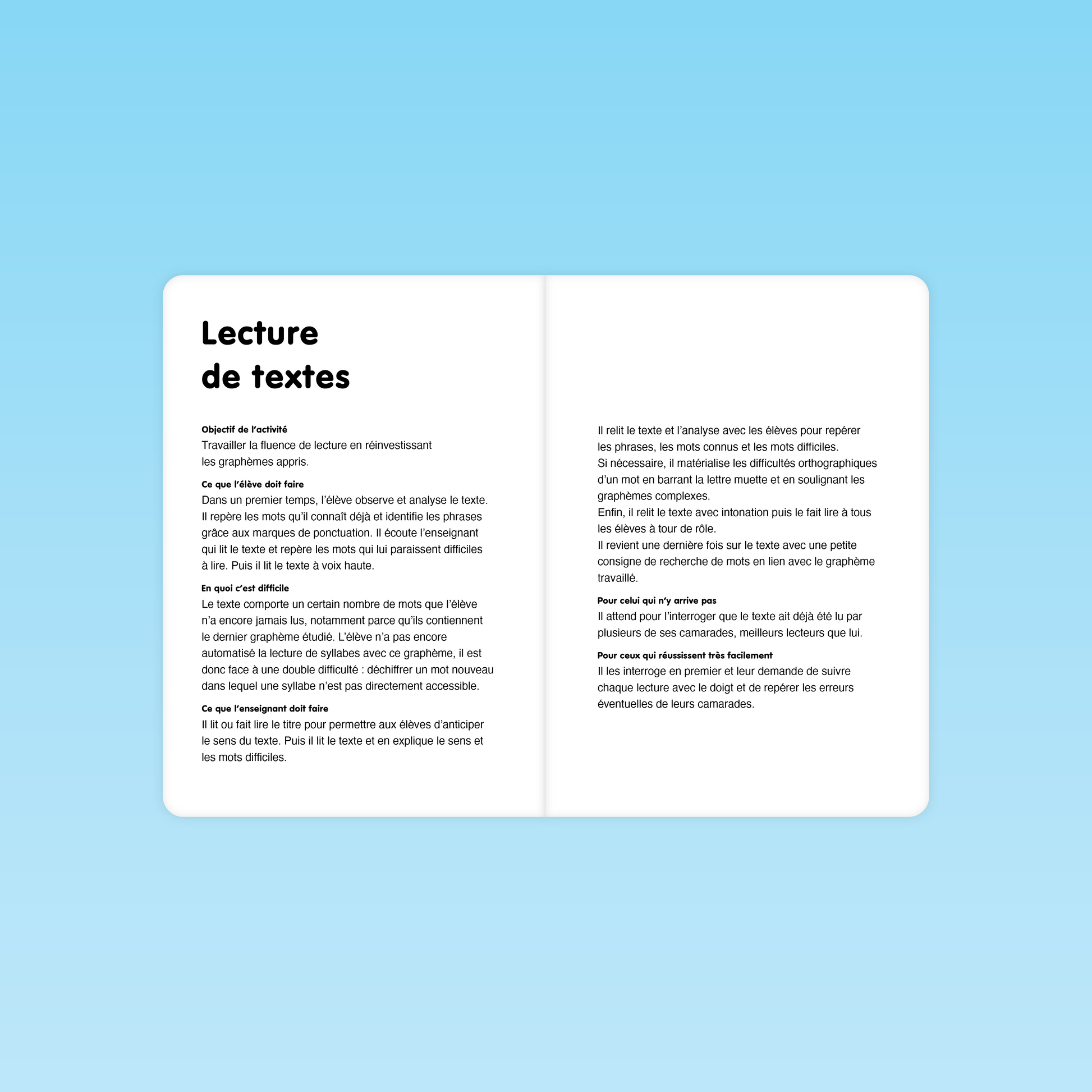 activité de lecture de textes pour renforcer la fluence et l’identification des graphèmes contextuels