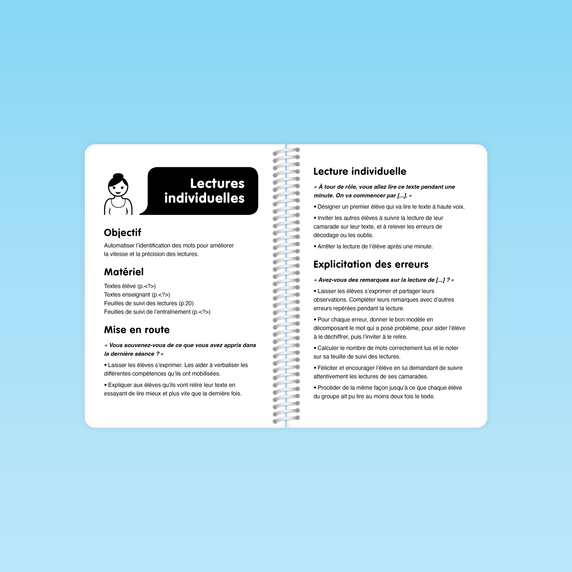 double page du guide Fluence de lecture CE CM présentant la section « Lectures individuelles » avec objectifs, matériel, mise en route, explication des erreurs et consignes