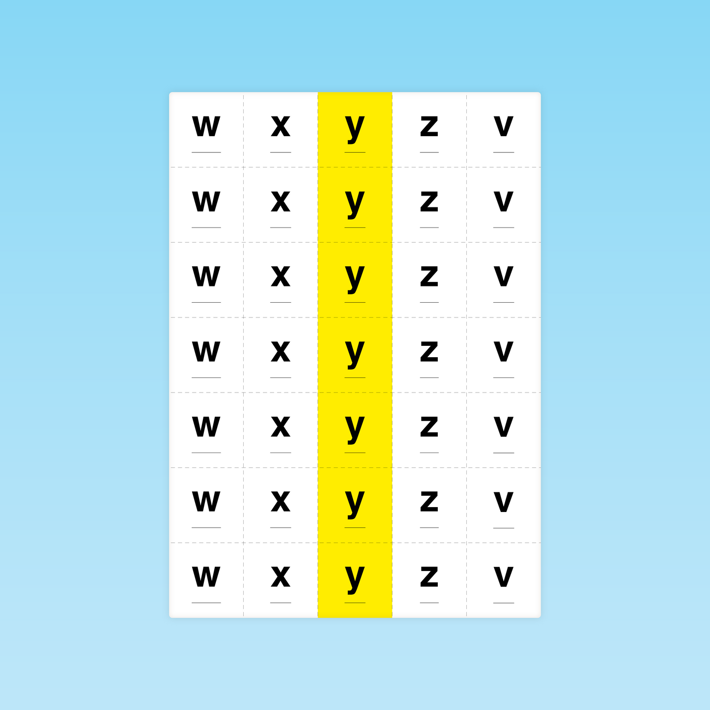 Fiche de lecture avec répétition des lettres W X Y Z V et surlignage de la lettre Y