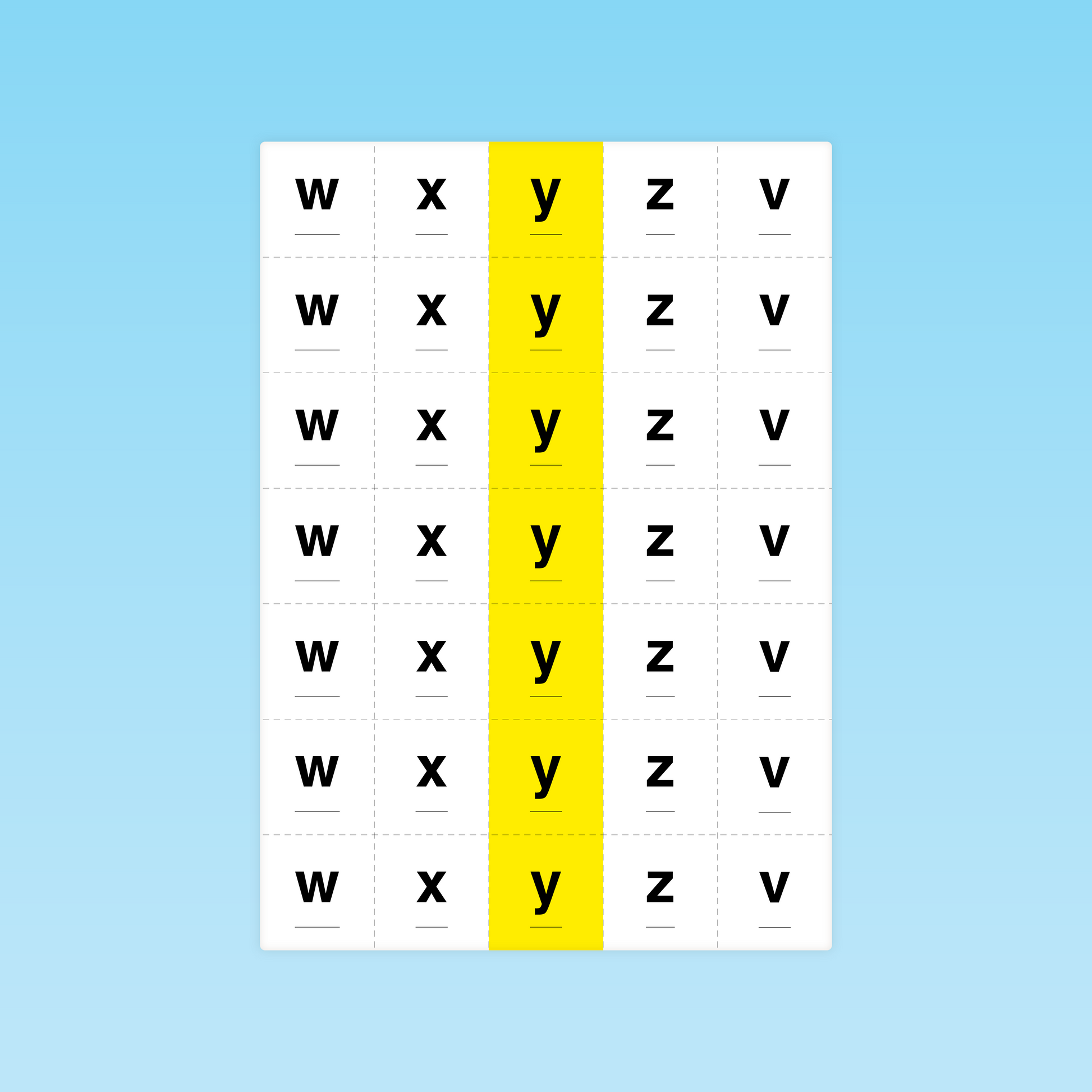 Fiche de lecture avec répétition des lettres W X Y Z V et surlignage de la lettre Y