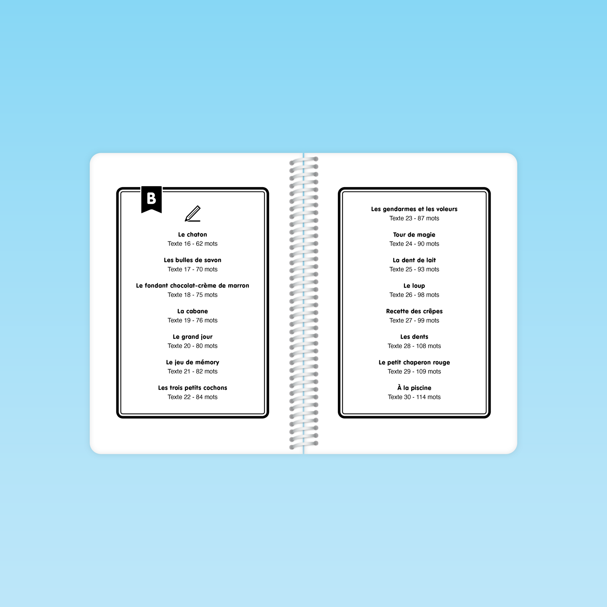 double page du guide Fluence CP / CE montrant la liste des textes du niveau B (16 à 30) avec titres et nombre de mots pour chaque texte
