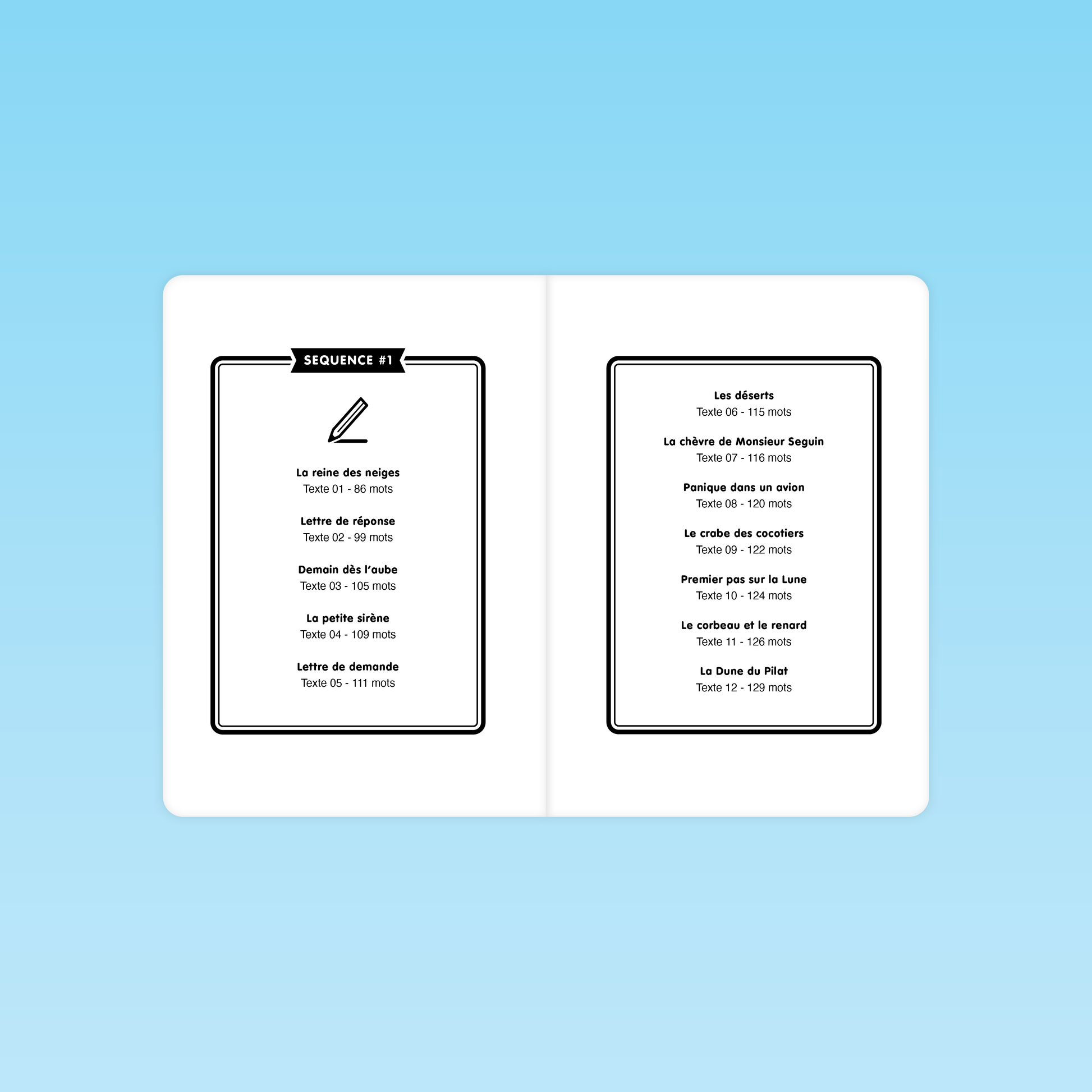 liste des 12 textes de la séquence 1 pour fluence CM 6e 5e avec titres et nombre de mots de 86 à 129