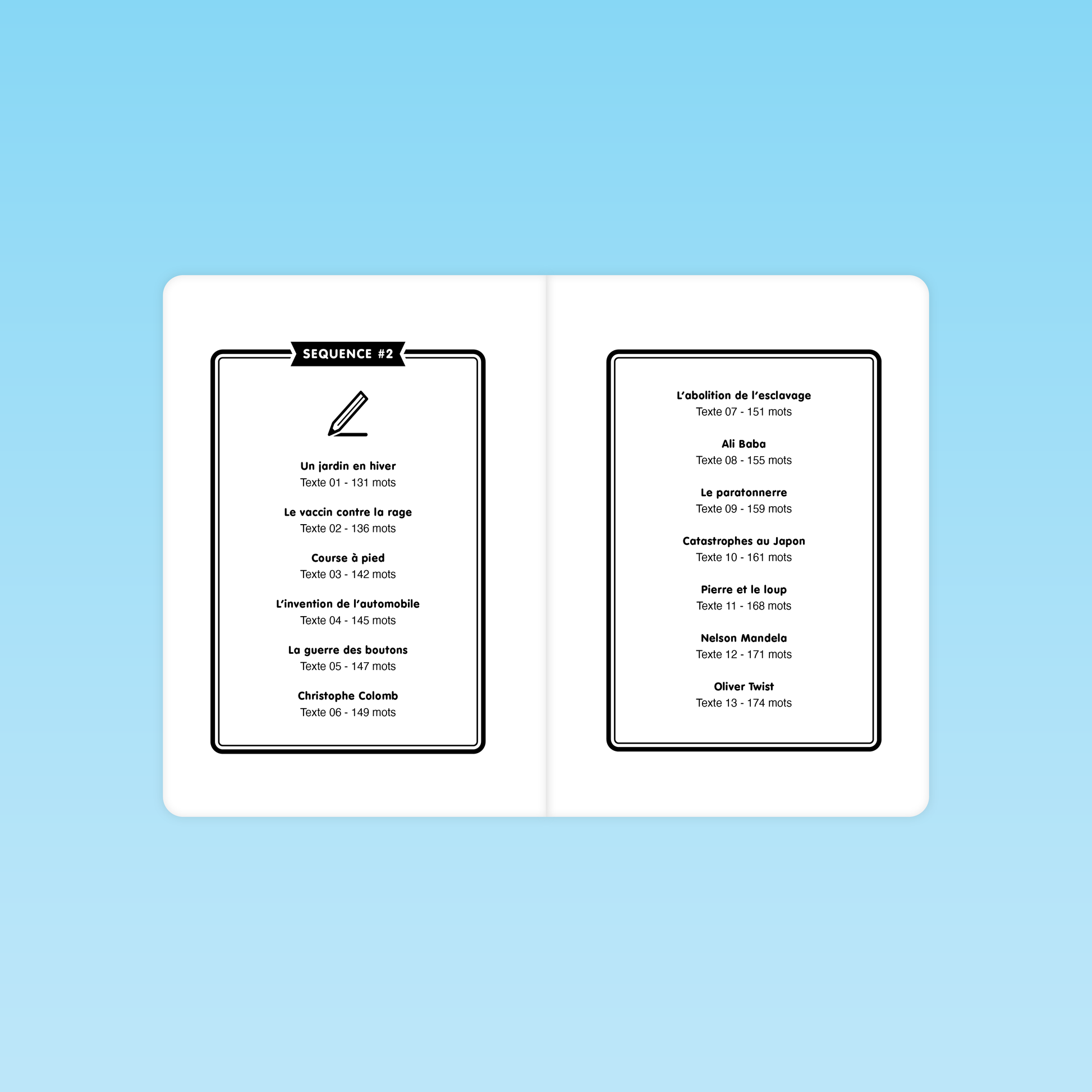 liste des 13 textes de la séquence 2 pour la fluence en CM 6e 5e avec titres et nombre de mots