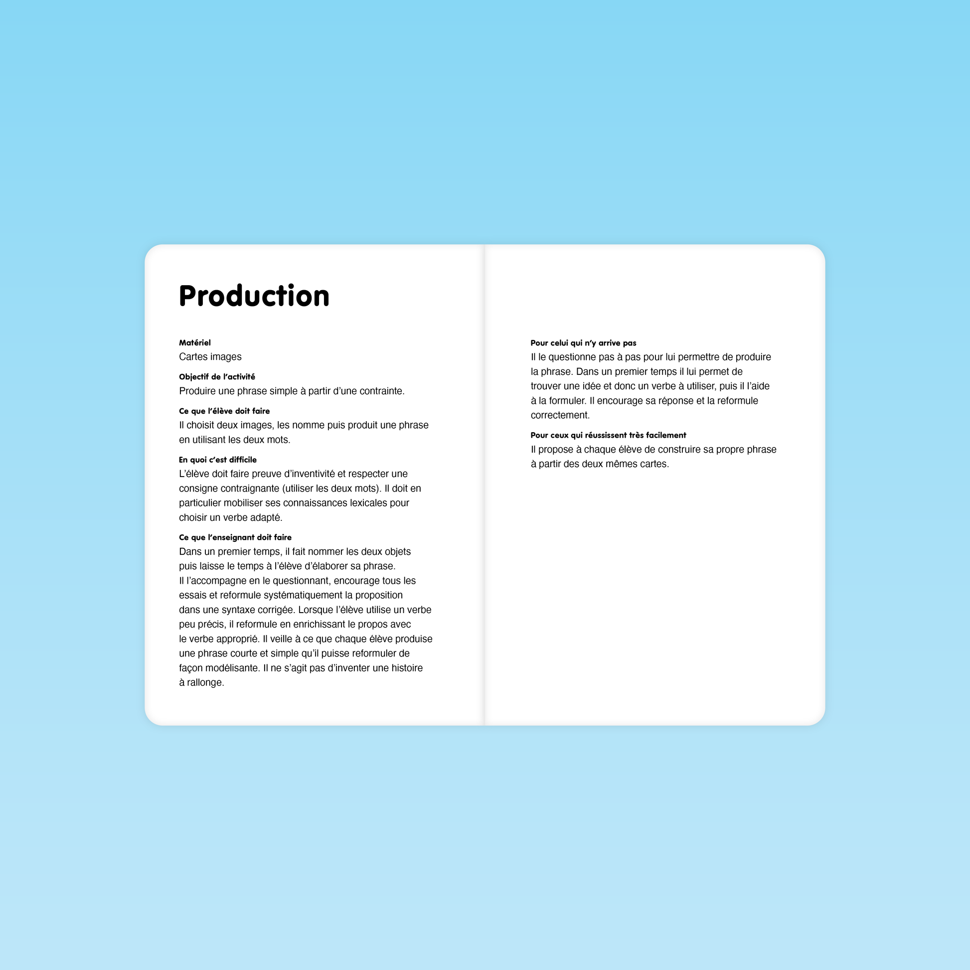 Consignes pour produire une phrase avec deux mots imposés dans une activité de manipulation de mots en MS