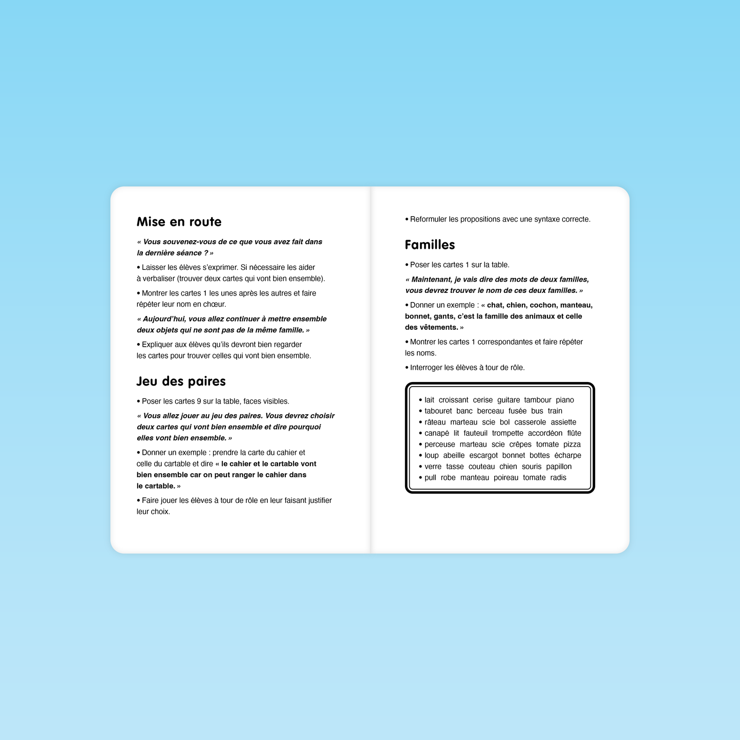 Consignes détaillées pour les activités Jeu des paires et Familles dans le guide Manipulation de mots MS