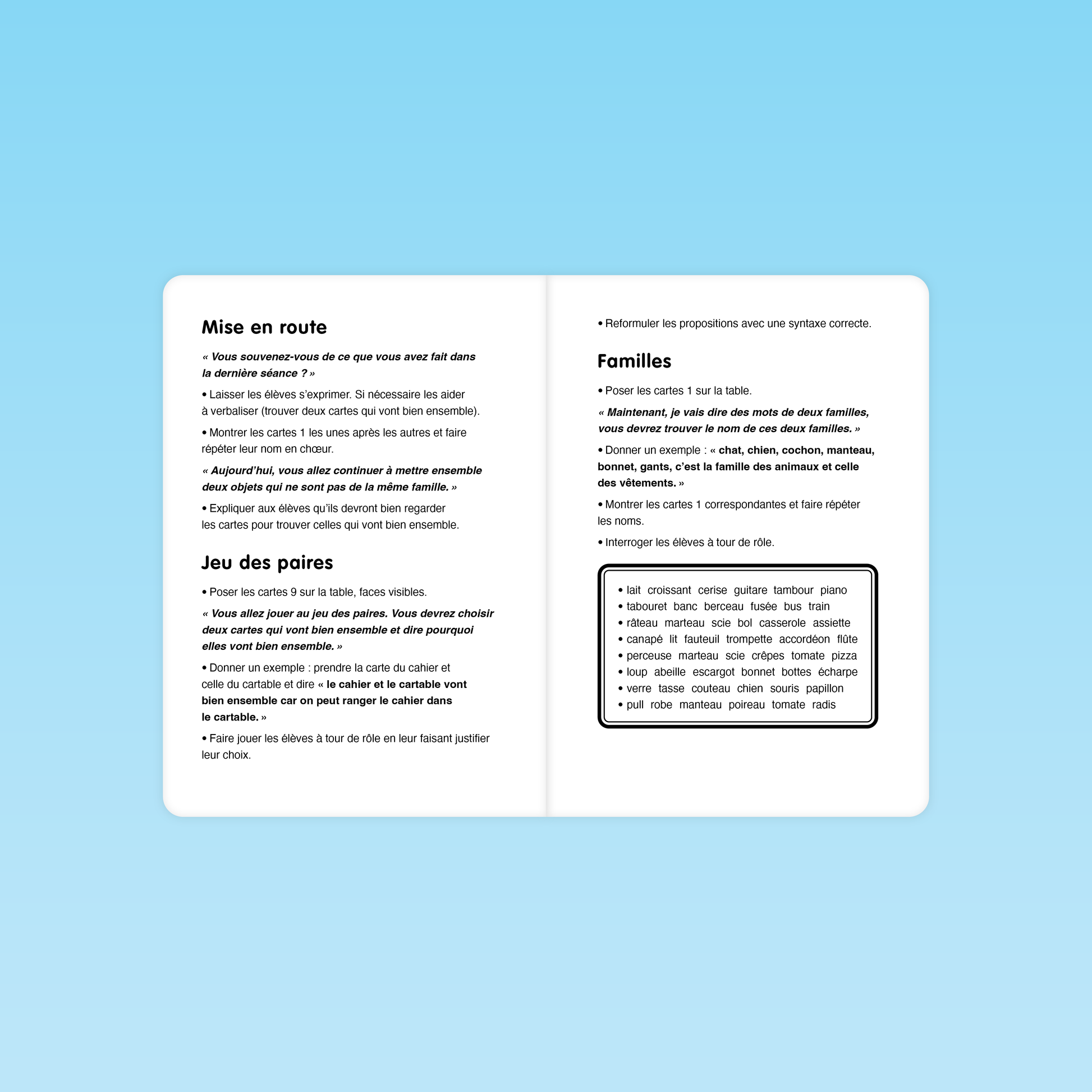 Consignes détaillées pour les activités Jeu des paires et Familles dans le guide Manipulation de mots MS