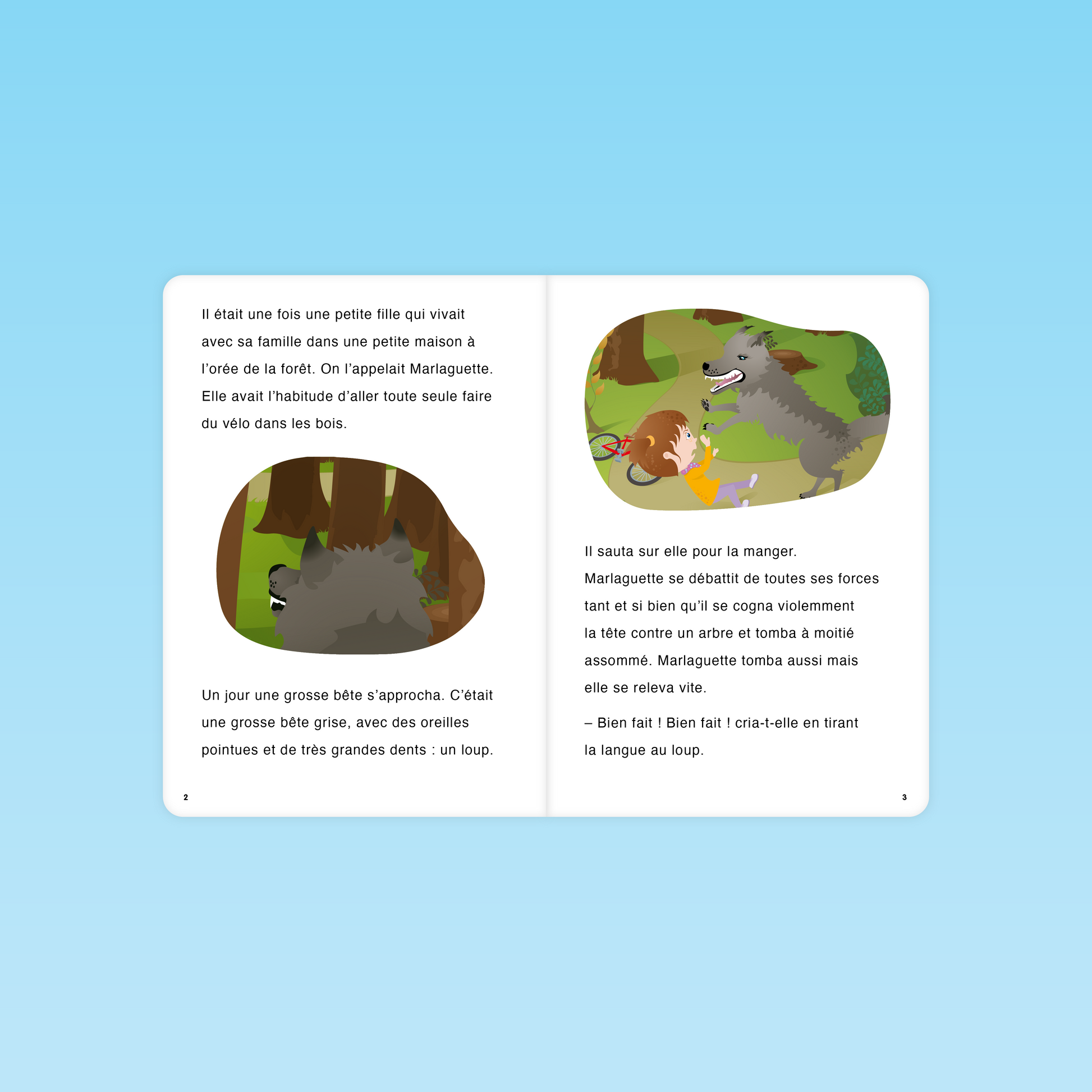 pages du livre Marlaguette CP avec la rencontre de la fillette et du loup dans la forêt et l’attaque évitée