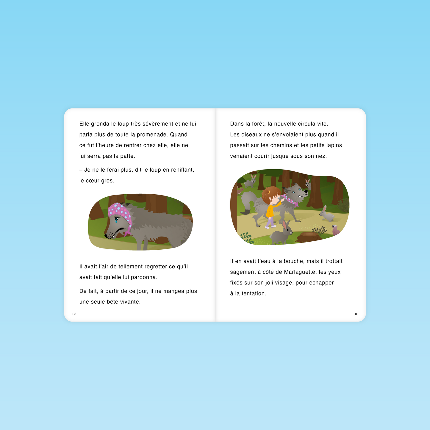 pages 10 et 11 du livre Marlaguette CP avec le loup pardonné et les animaux de la forêt