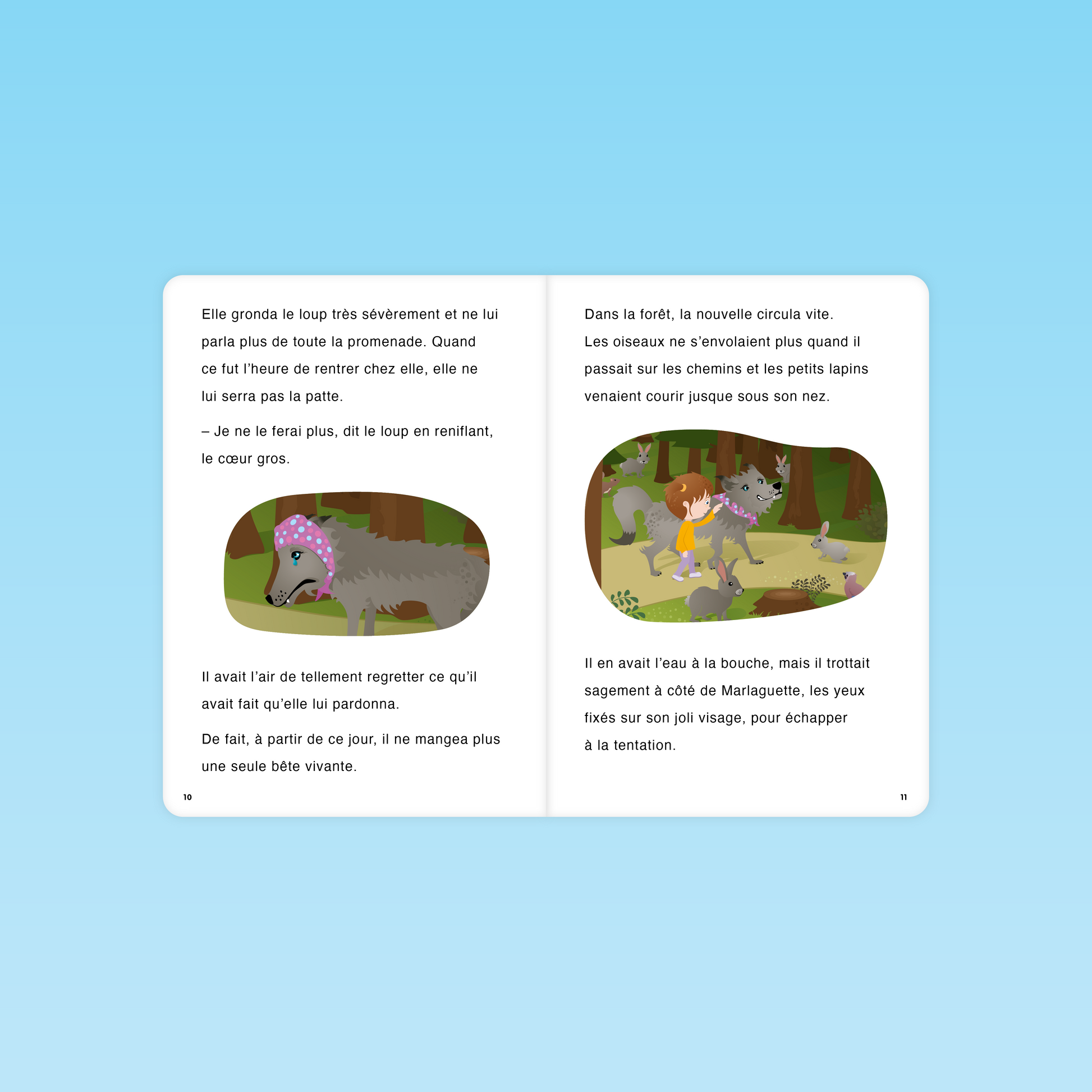 pages 10 et 11 du livre Marlaguette CP avec le loup pardonné et les animaux de la forêt