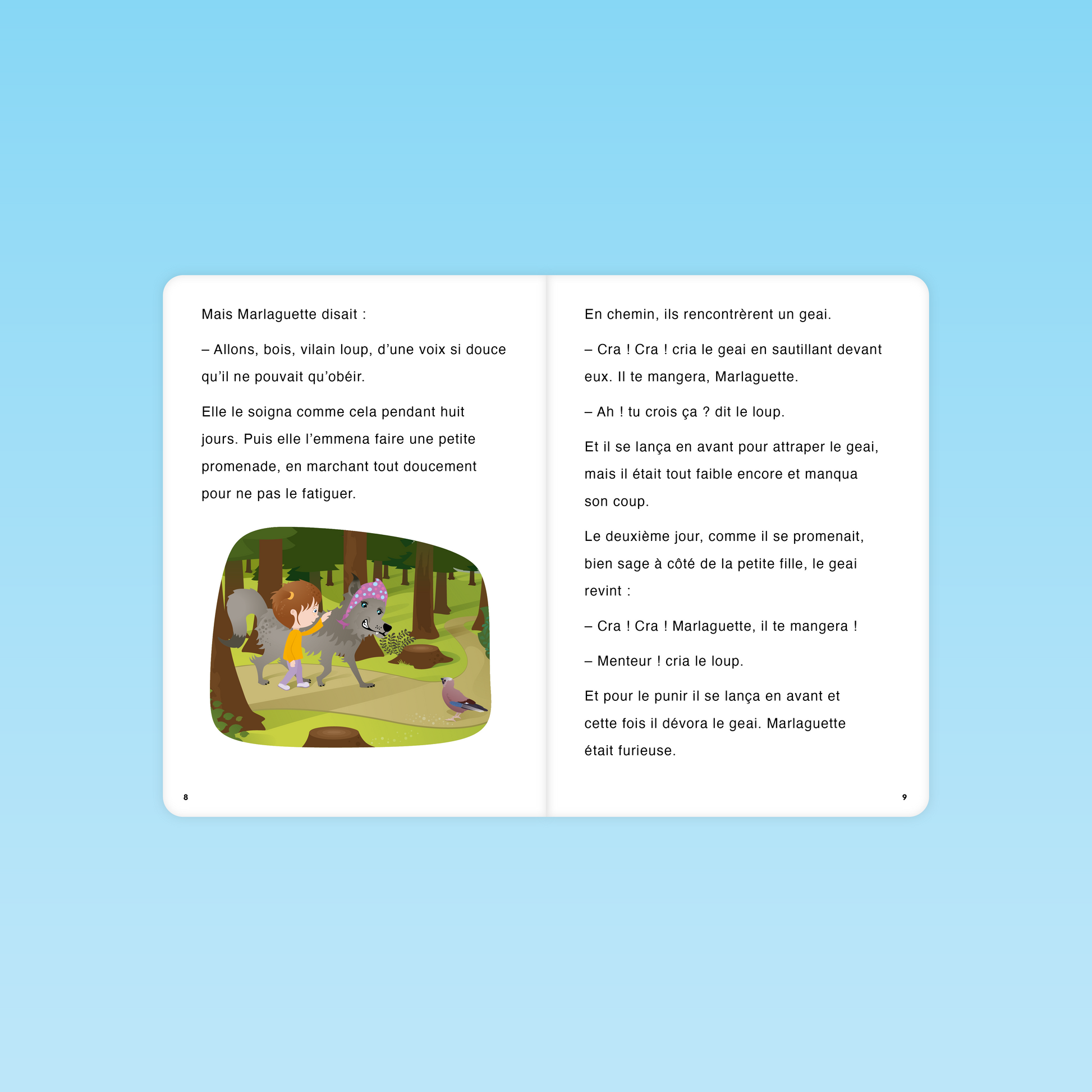 pages 8 et 9 du livre Marlaguette CP avec promenade du loup et rencontre avec le geai