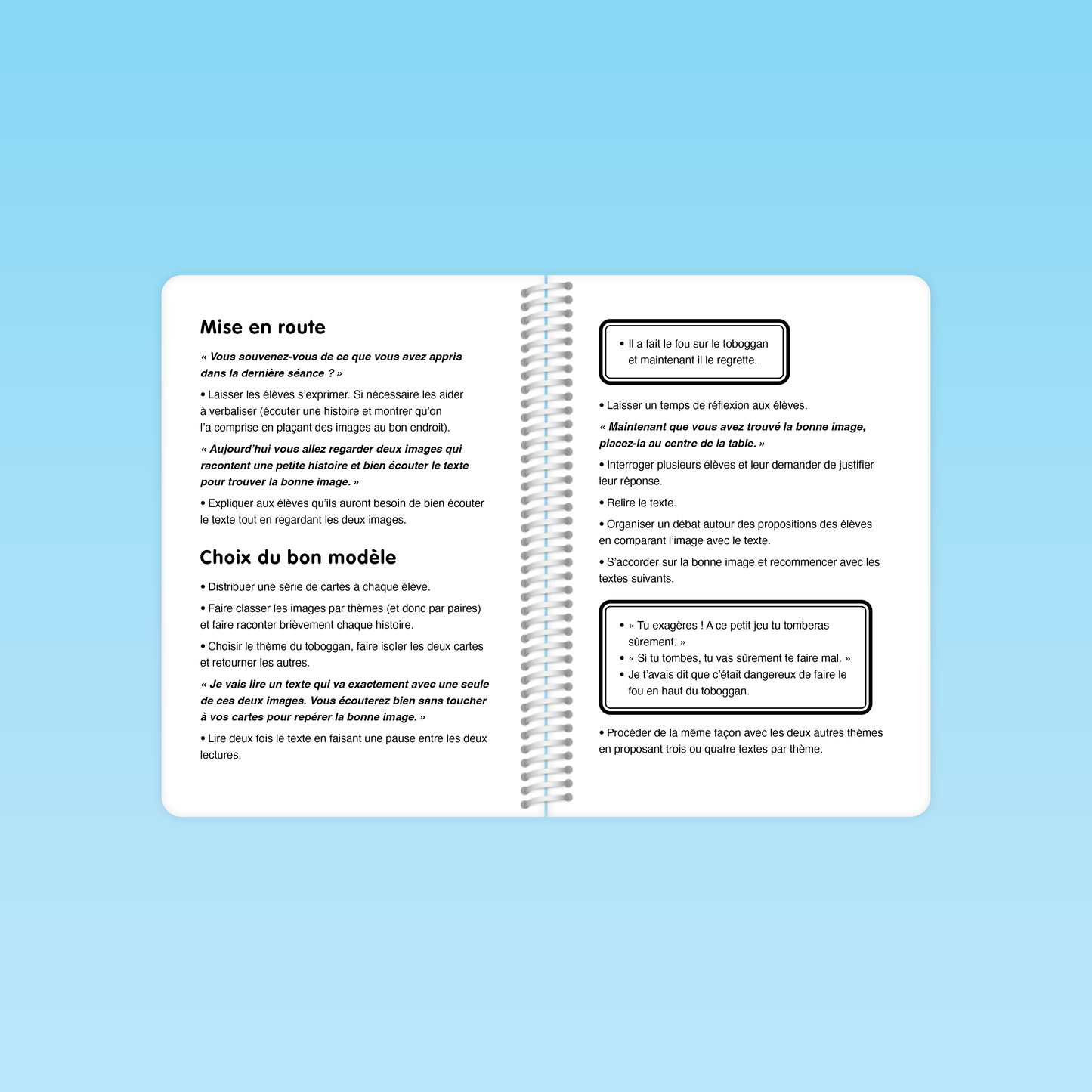 page de mise en route et choix du bon modèle du guide Compréhension de la langue P1