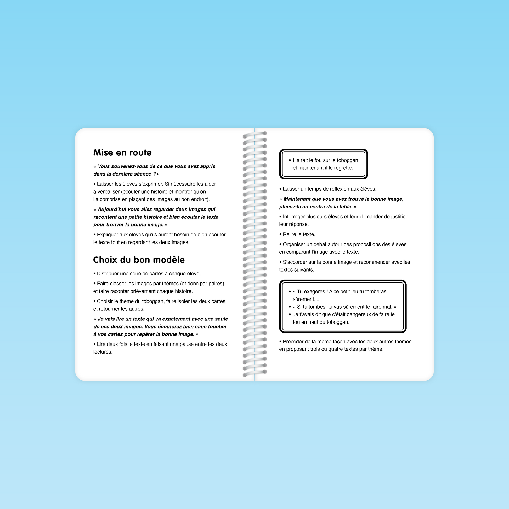page de mise en route et choix du bon modèle du guide Compréhension de la langue P1