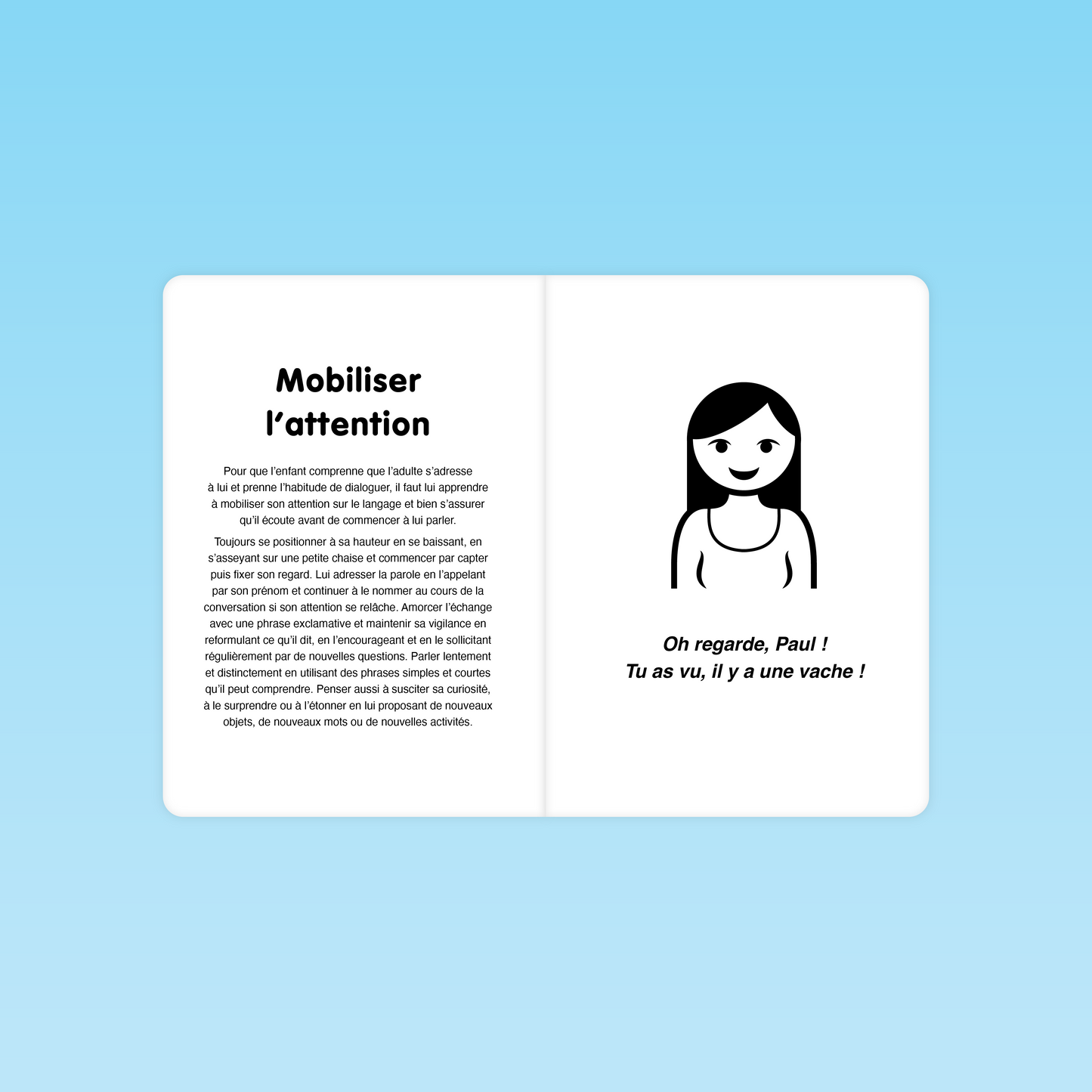 double page du guide illustrant la technique pour mobiliser l’attention de l’enfant et favoriser la parole