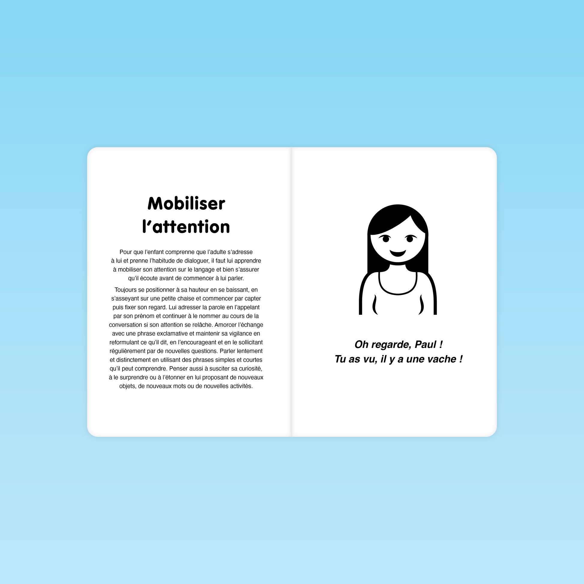 double page du guide illustrant la technique pour mobiliser l’attention de l’enfant et favoriser la parole