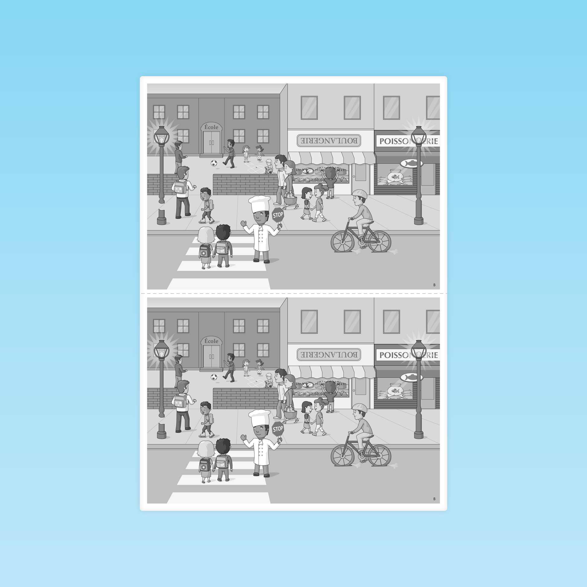 planche B comparaison texte-image modèle de situation CP scène de rue devant école, boulangerie et poissonnier