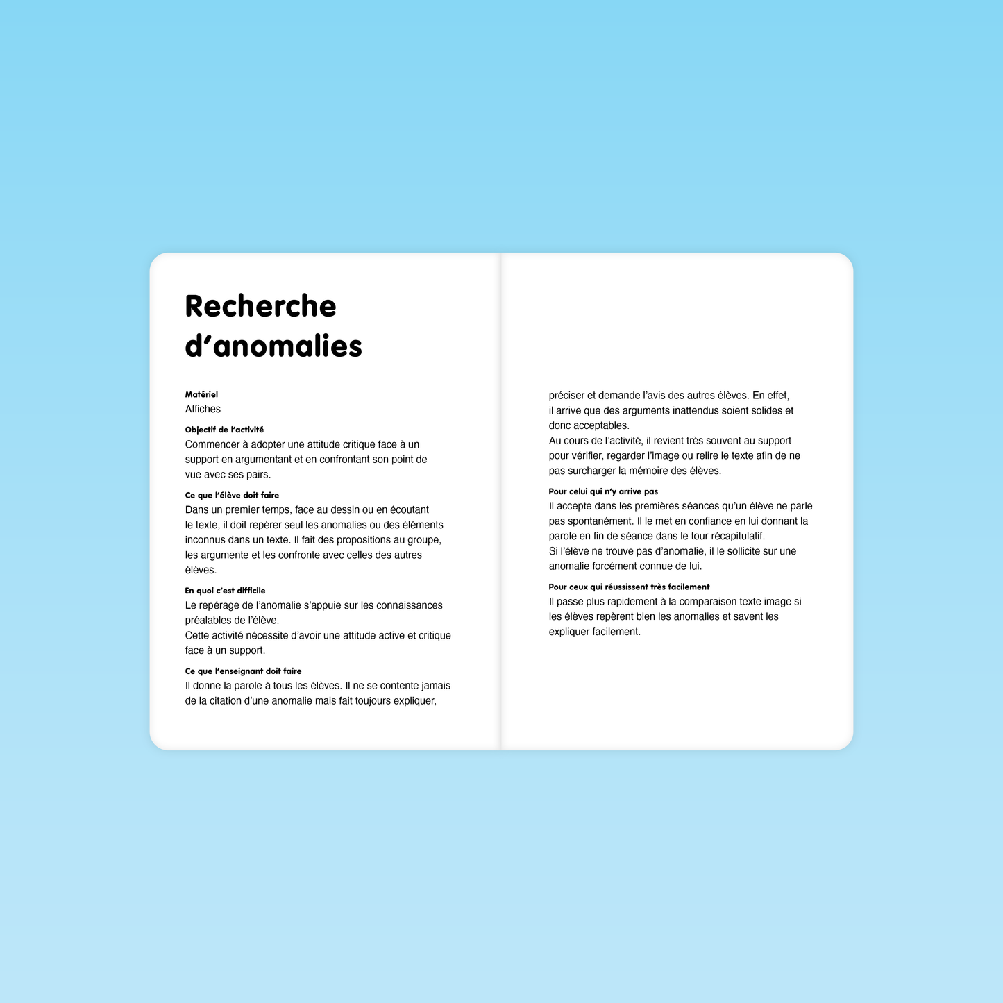 double page activité recherche d’anomalies modèle de situation CP affiches, consignes et démarche d’analyse critique