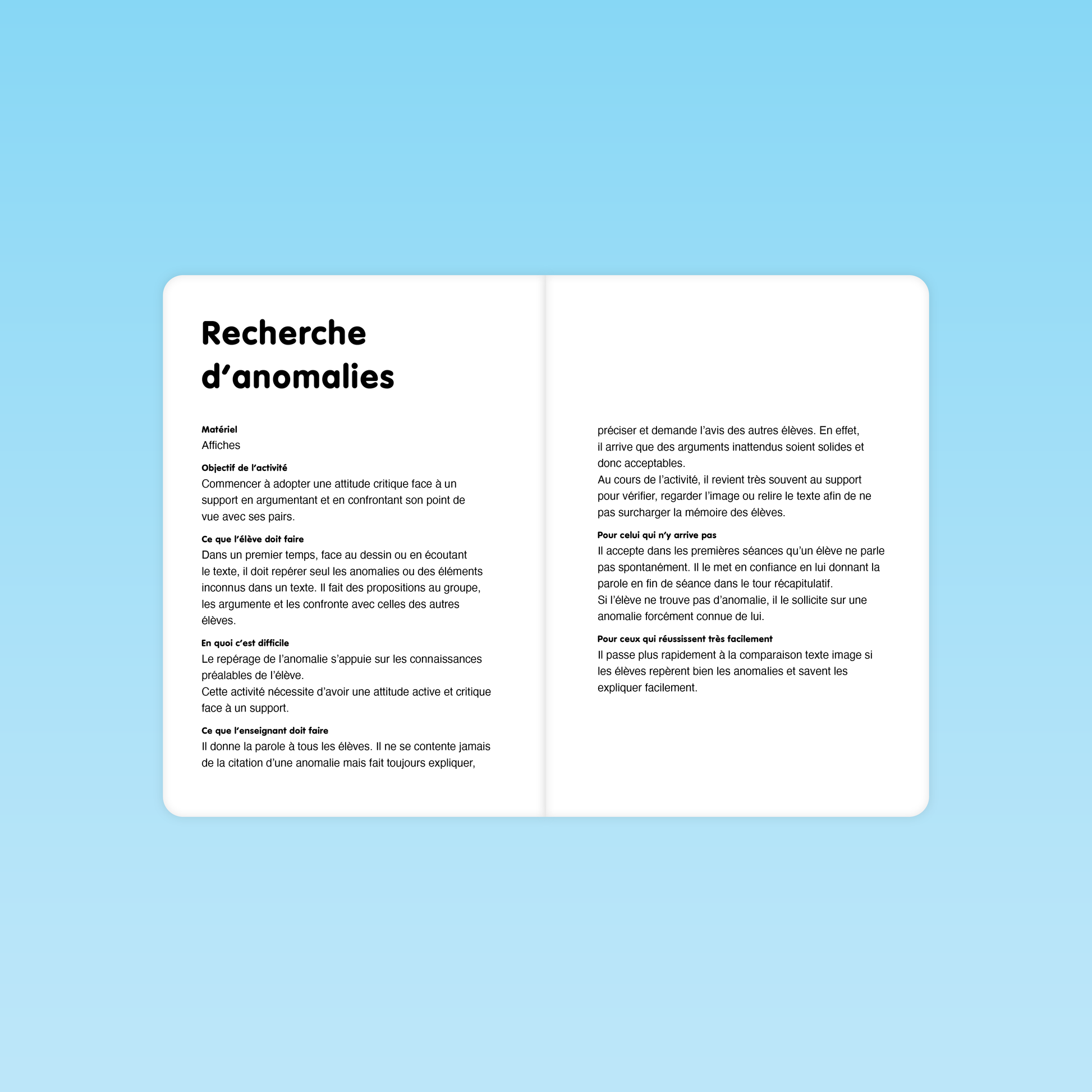 double page activité recherche d’anomalies modèle de situation CP affiches, consignes et démarche d’analyse critique