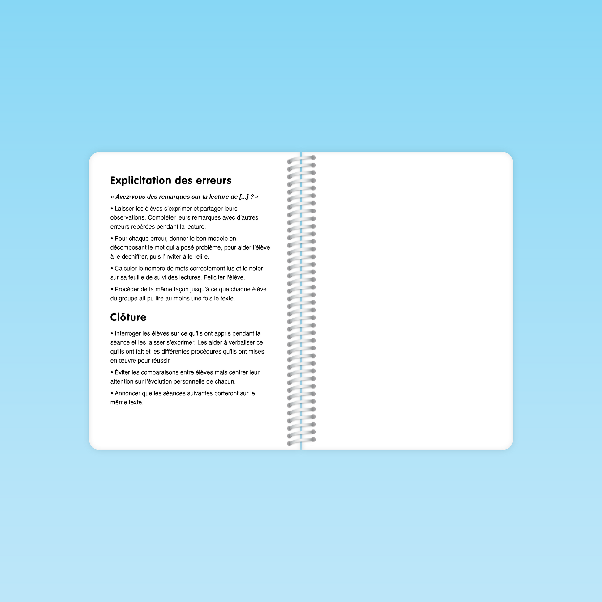 double page du guide Fluence CP / CE décrivant la section « Observation des progrès » et « Clôture » avec points clés pour féliciter et conclure la séance