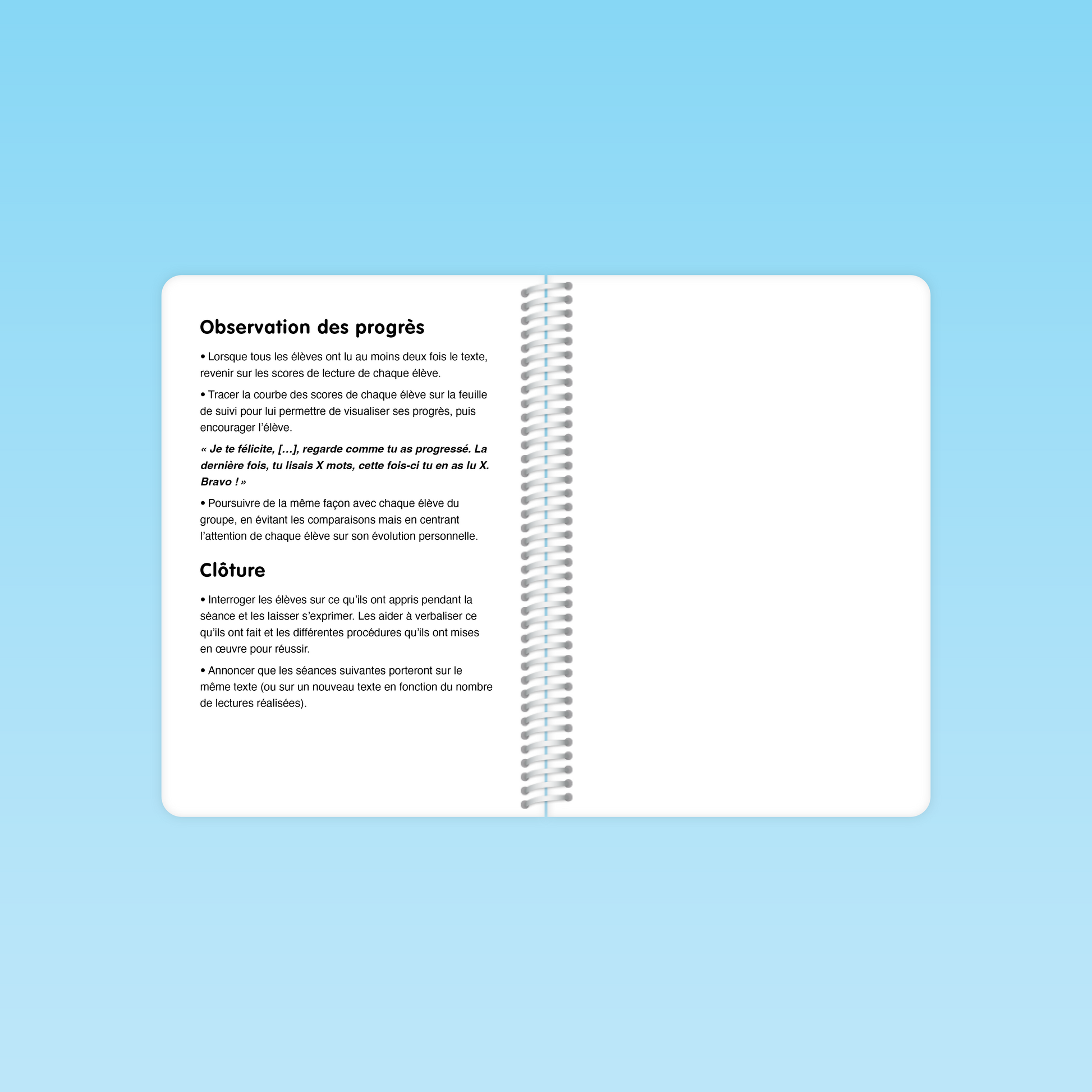 double page du guide Fluence de lecture CE CM montrant la section « Observation des progrès » avec consignes et clôture