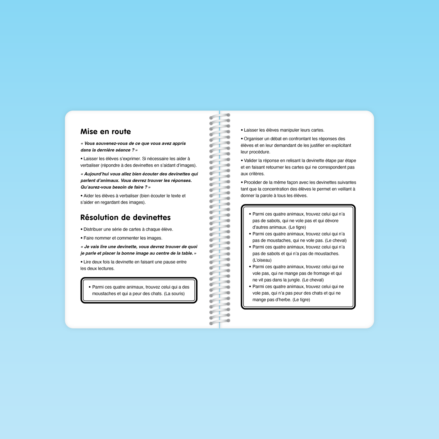 double page du guide M3 de la séance 13 montrant la mise en route et la résolution de devinettes – distribution de cartes et débat pour justifier les choix