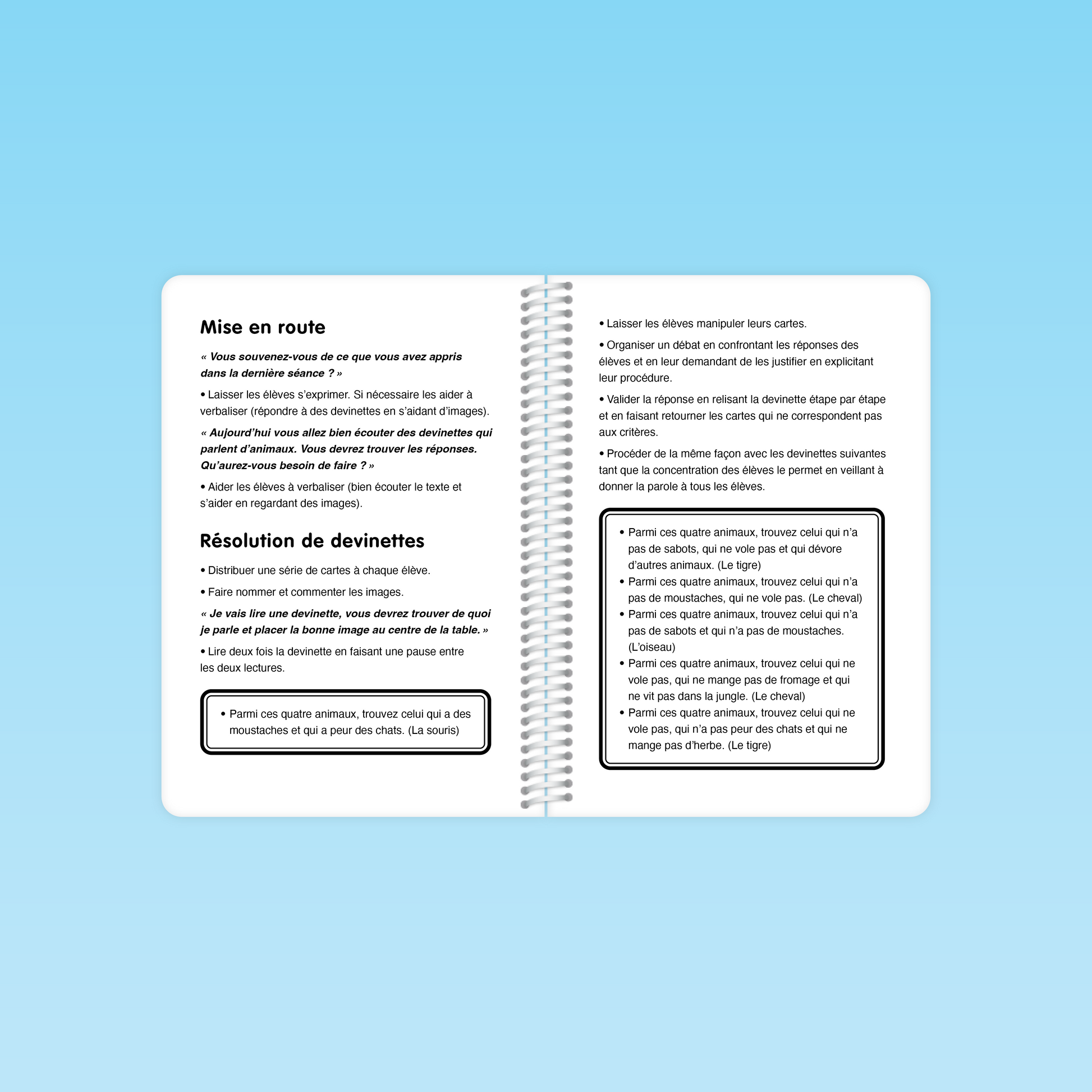 double page du guide M3 de la séance 13 montrant la mise en route et la résolution de devinettes – distribution de cartes et débat pour justifier les choix