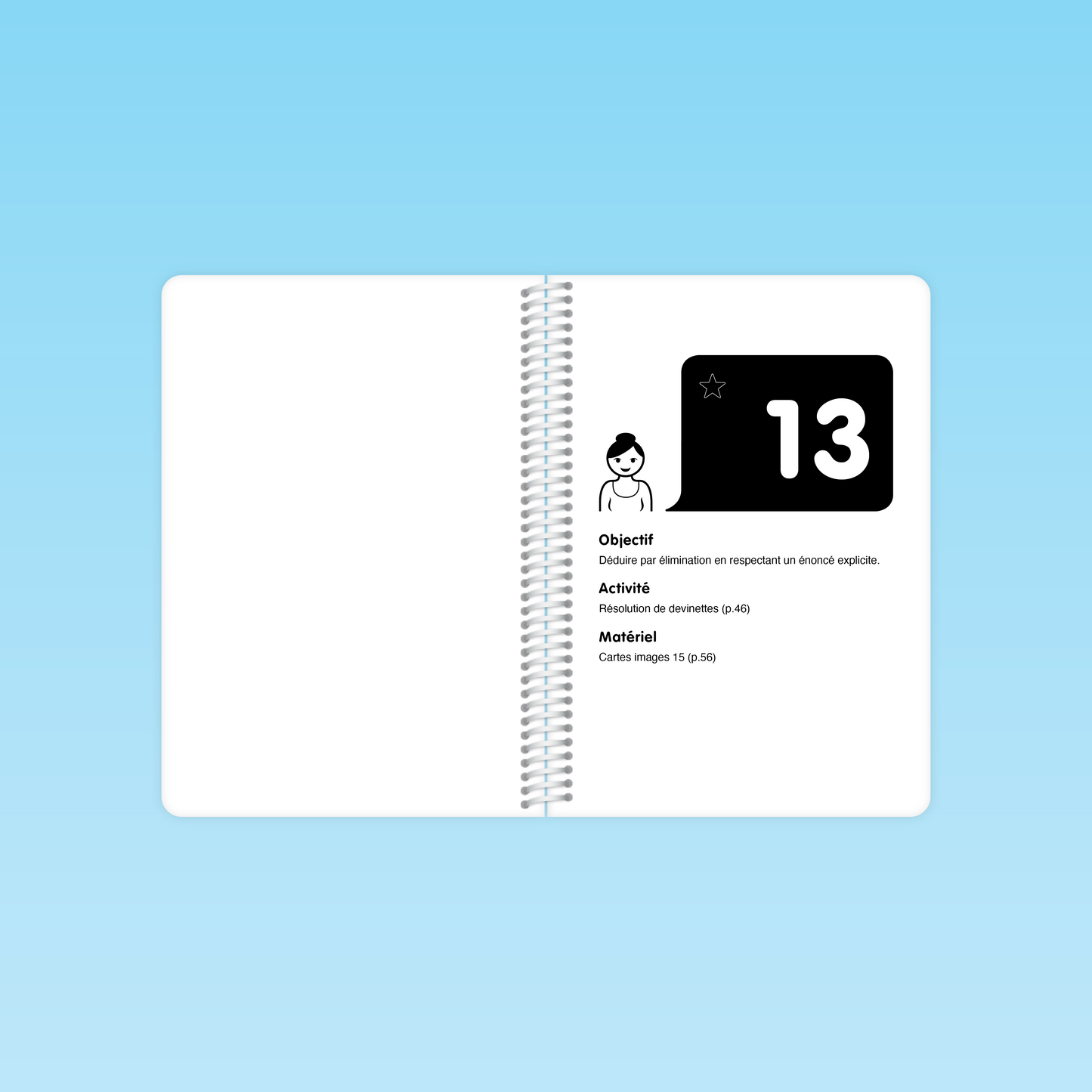 double page du guide M3 présentant l’objectif, l’activité et le matériel de la séance 13 – déduction par élimination et résolution de devinettes