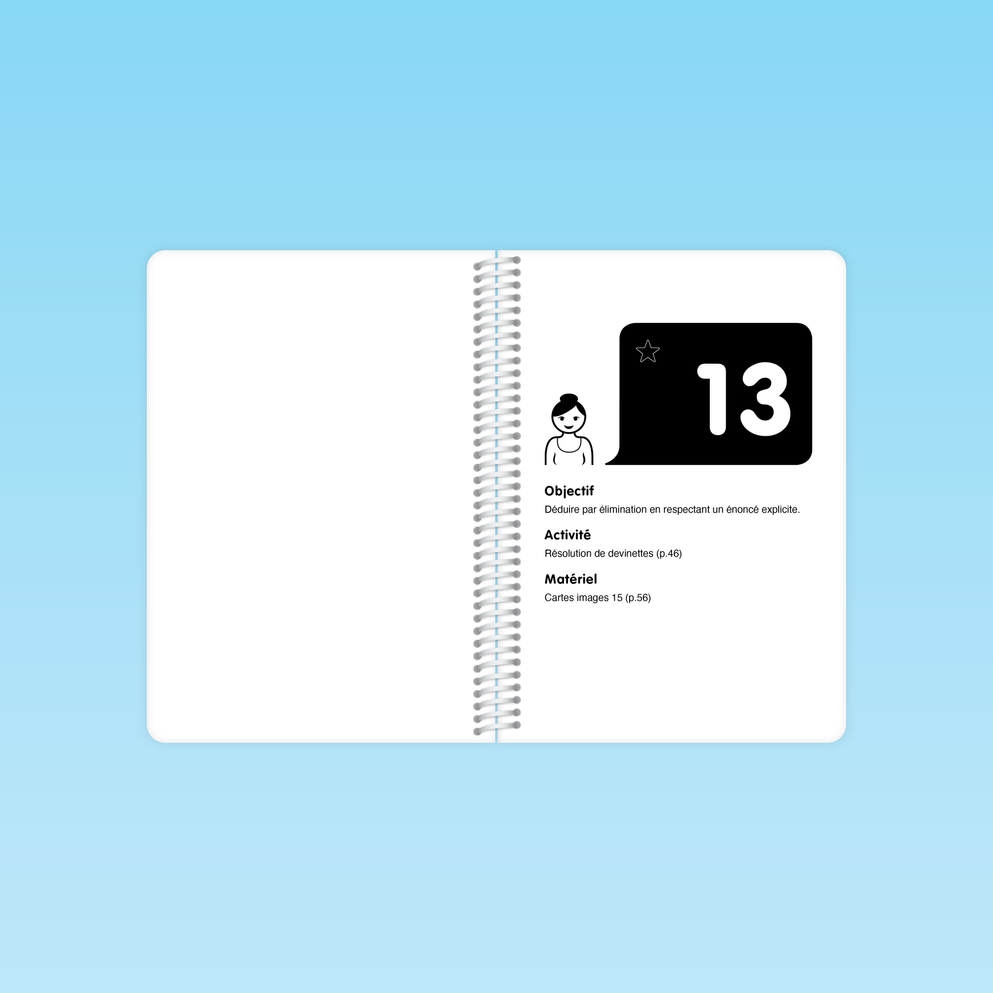 double page du guide M3 présentant l’objectif, l’activité et le matériel de la séance 13 – déduction par élimination et résolution de devinettes