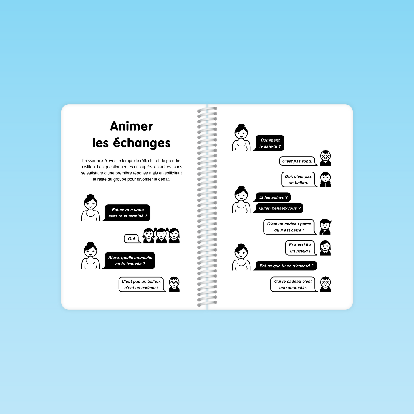 double page du guide M3 illustrant les dialogues et questionnements pour animer les échanges en classe
