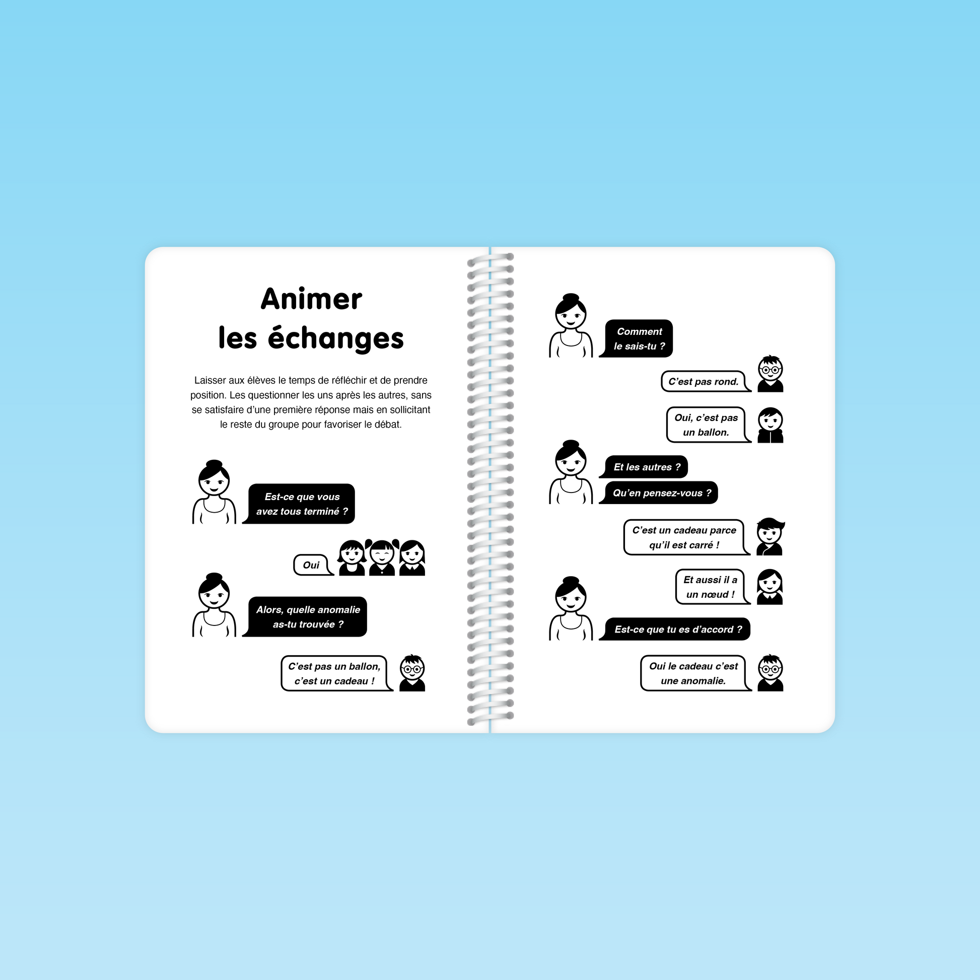 double page du guide M3 illustrant les dialogues et questionnements pour animer les échanges en classe