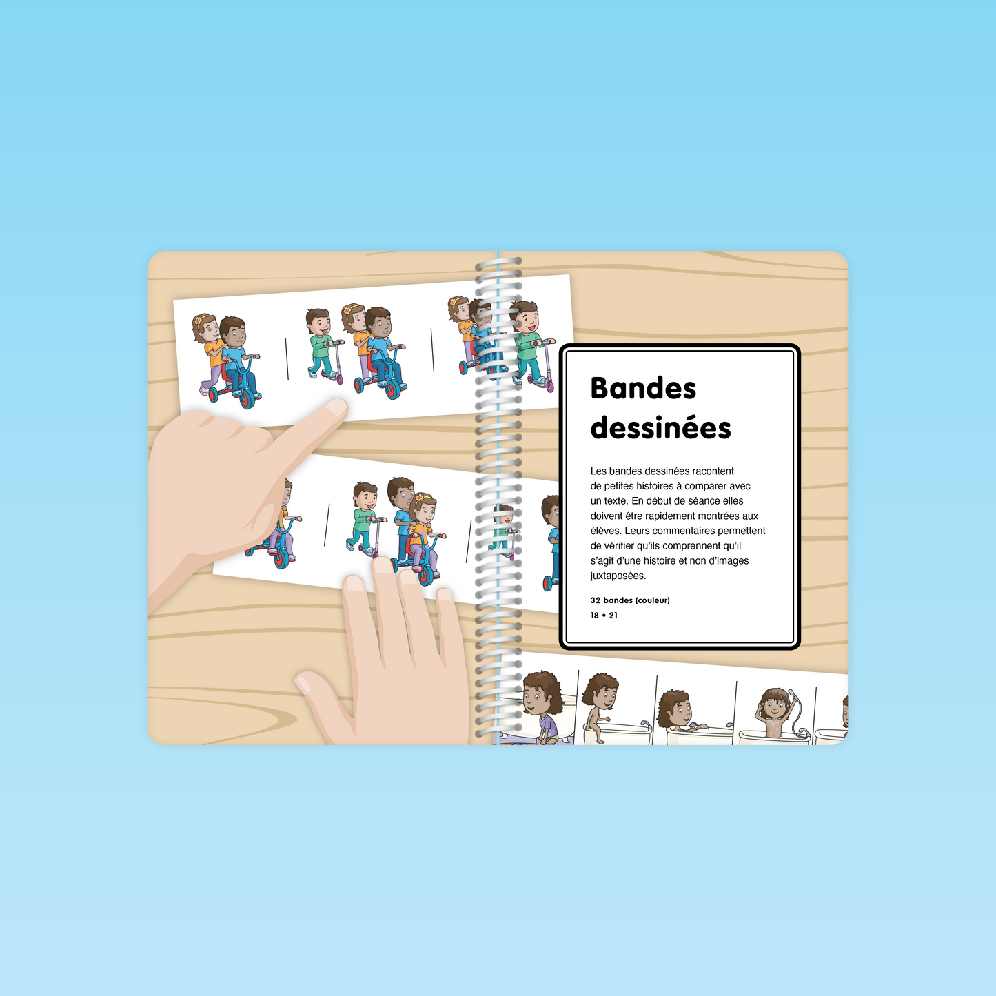double page du guide M3 présentant les bandes dessinées pour comparer petites histoires et vérifier la compréhension des élèves