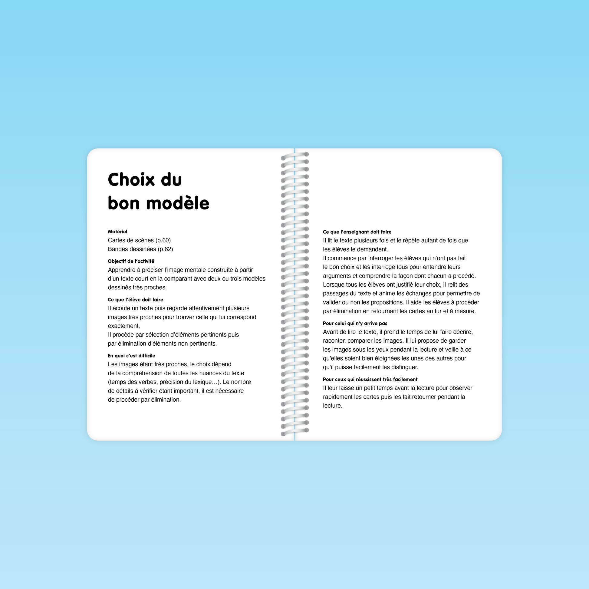 double page du guide M3 présentant l’activité « choix du bon modèle » avec matériel, objectifs et consignes pour enseignant et élève