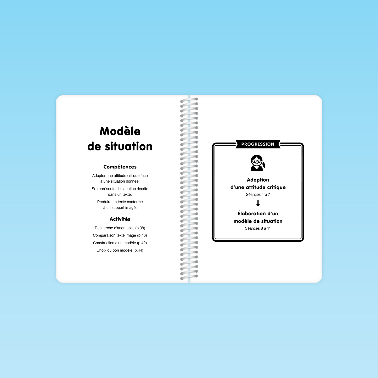 double page du guide M3 décrivant le modèle de situation, compétences visées et progression des séances 1 à 11
