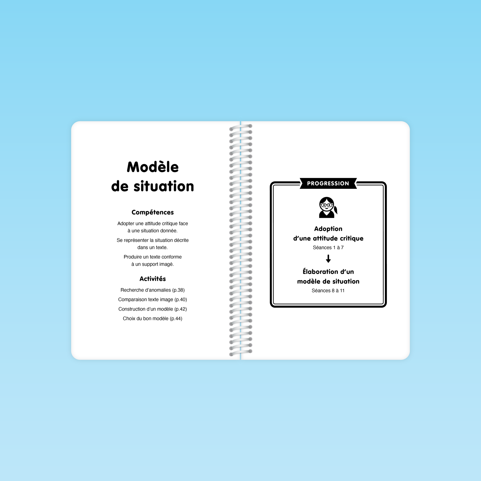 double page du guide M3 décrivant le modèle de situation, compétences visées et progression des séances 1 à 11