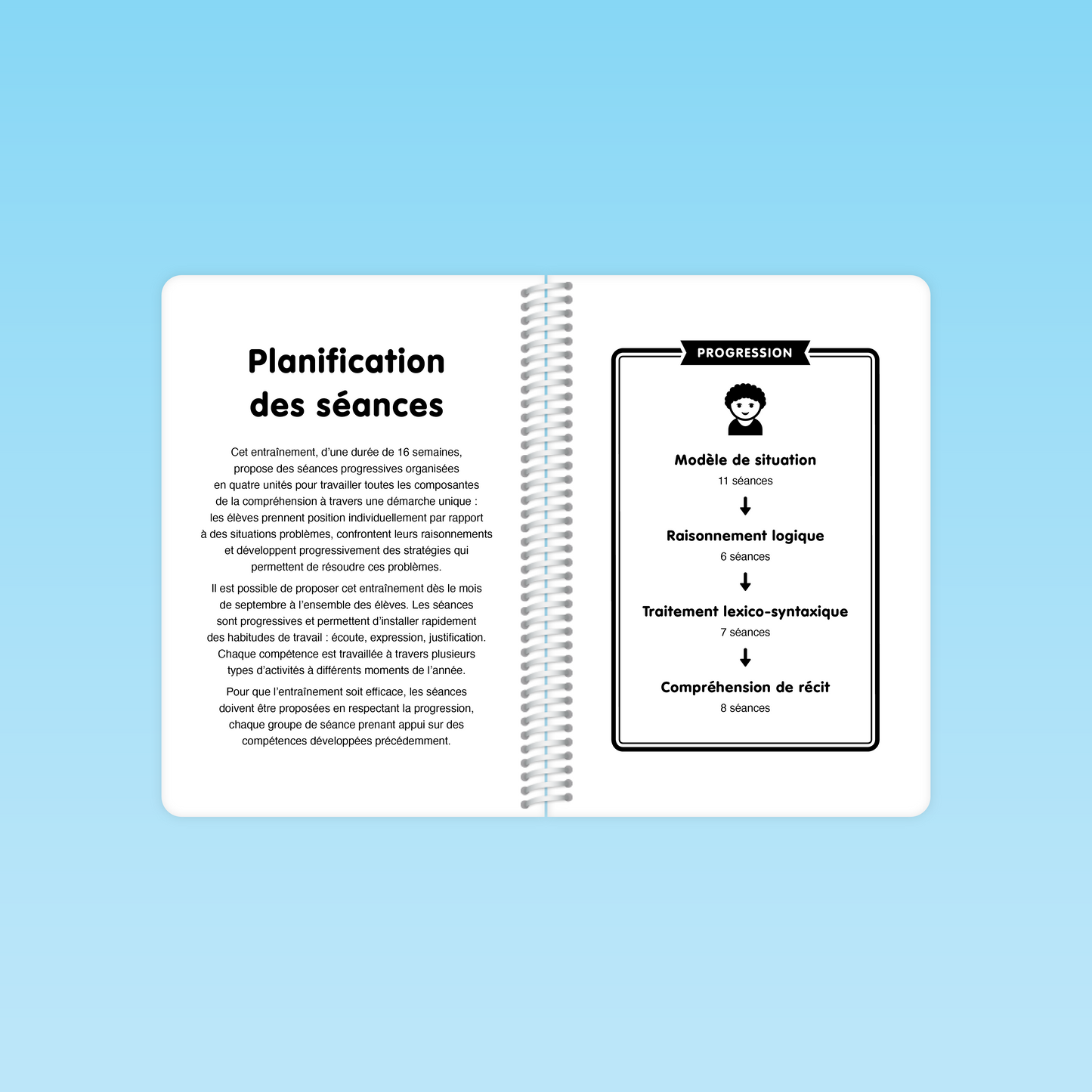 double page du guide M3 présentant la planification des 16 semaines d’entraînement et la progression des séances par compétence