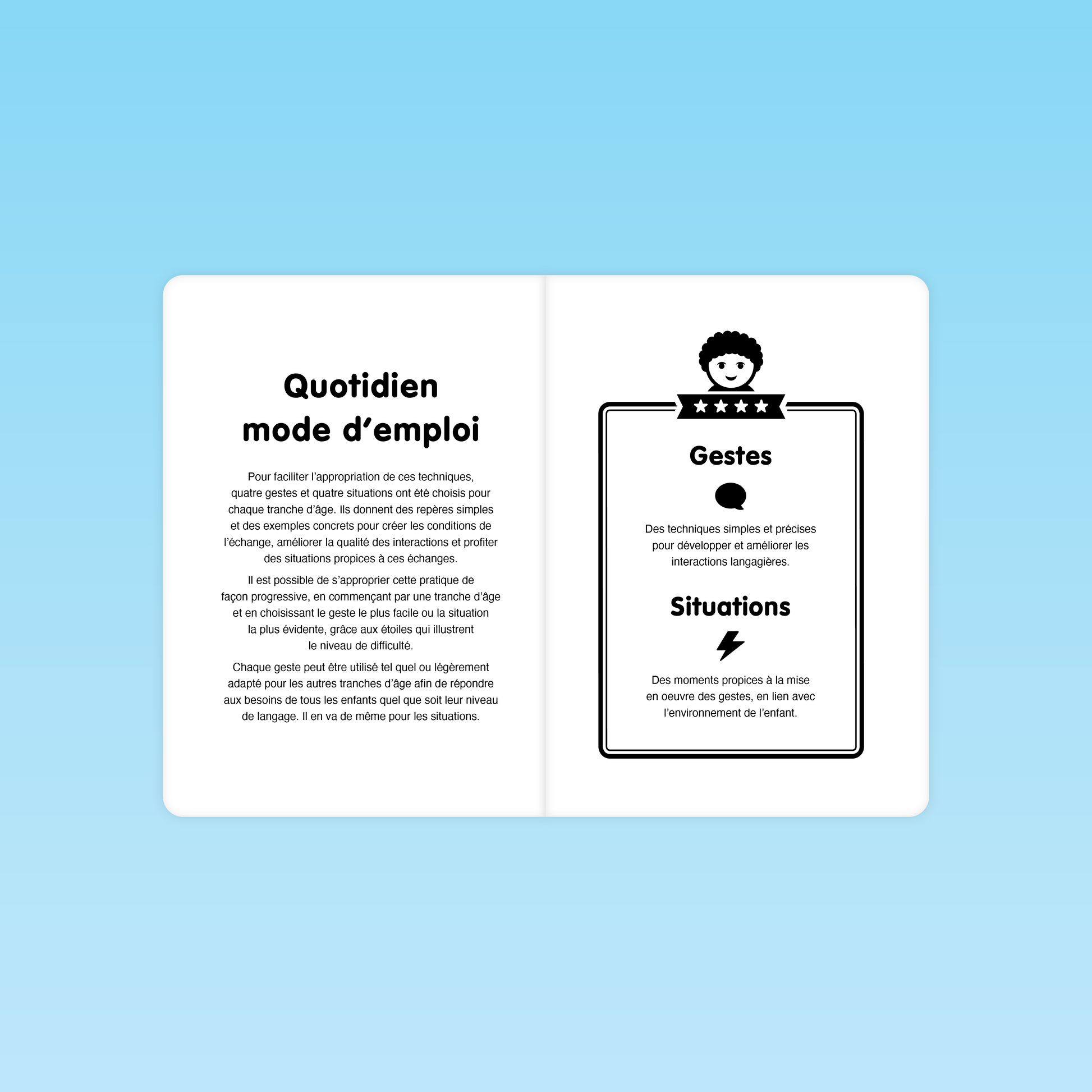 Page du livret Parler Bambin présentant le mode d’emploi pour utiliser les gestes et situations favorables aux échanges langagiers
