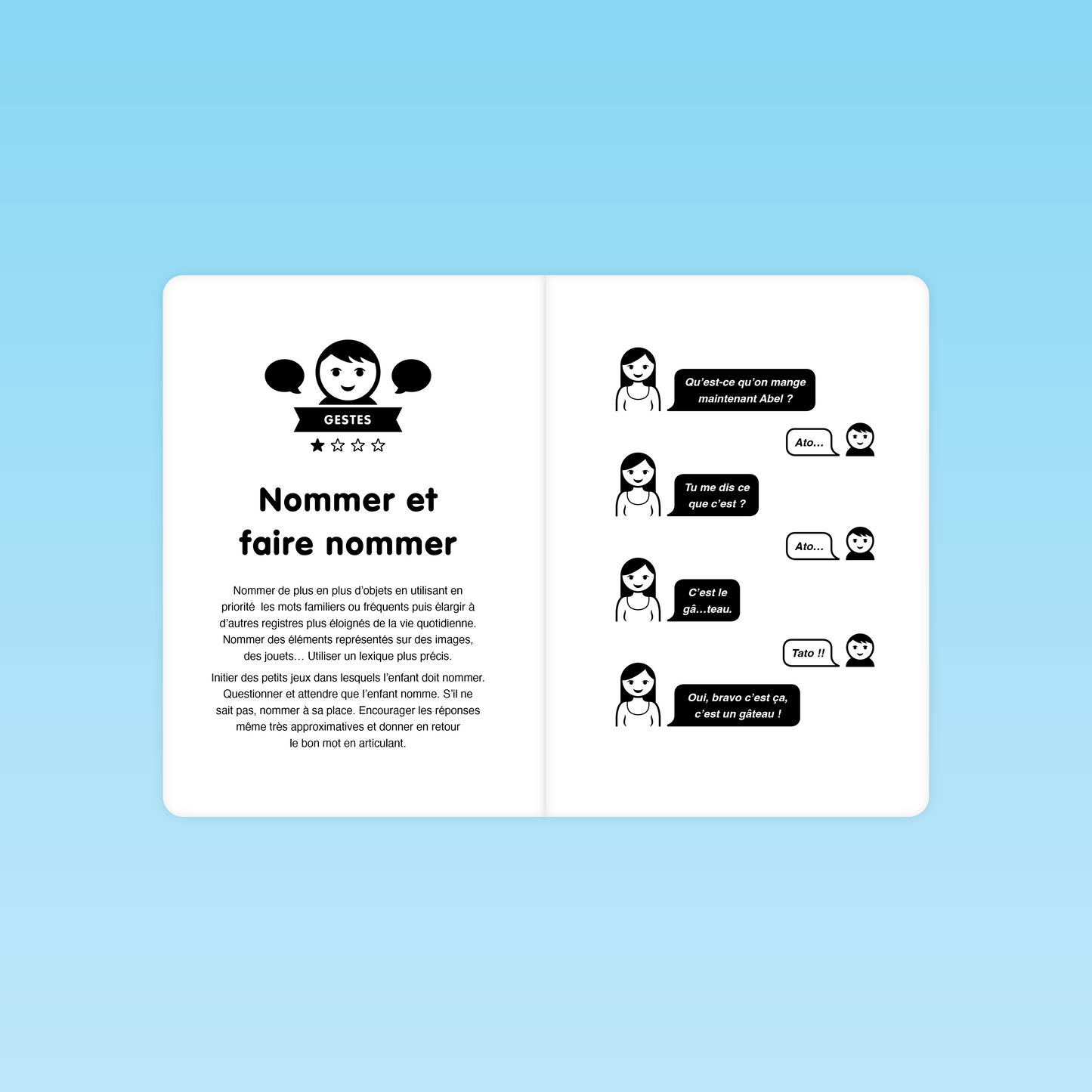 Double page du livret Parler Bambin présentant le geste langagier « nommer et faire nommer » avec un exemple d’interaction entre adulte et enfant pour enrichir le vocabulaire