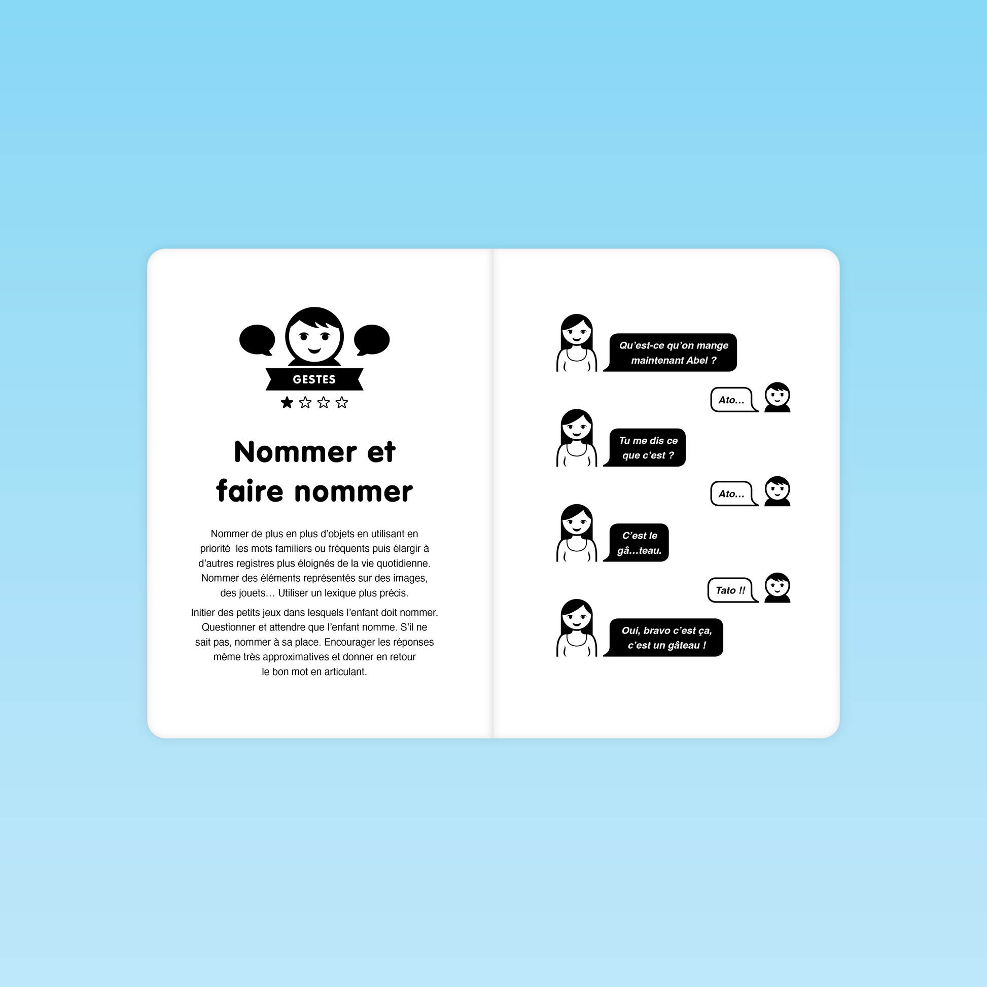 Double page du livret Parler Bambin présentant le geste langagier « nommer et faire nommer » avec un exemple d’interaction entre adulte et enfant pour enrichir le vocabulaire