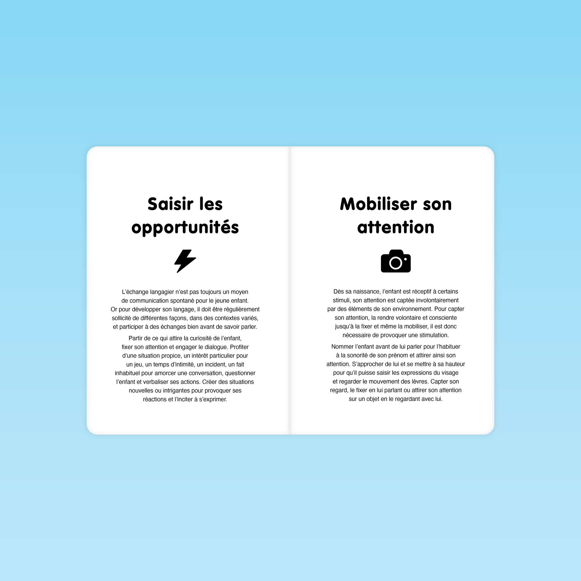 Page du livret Parler Bambin expliquant comment saisir les opportunités et mobiliser l’attention pour favoriser le langage en crèche