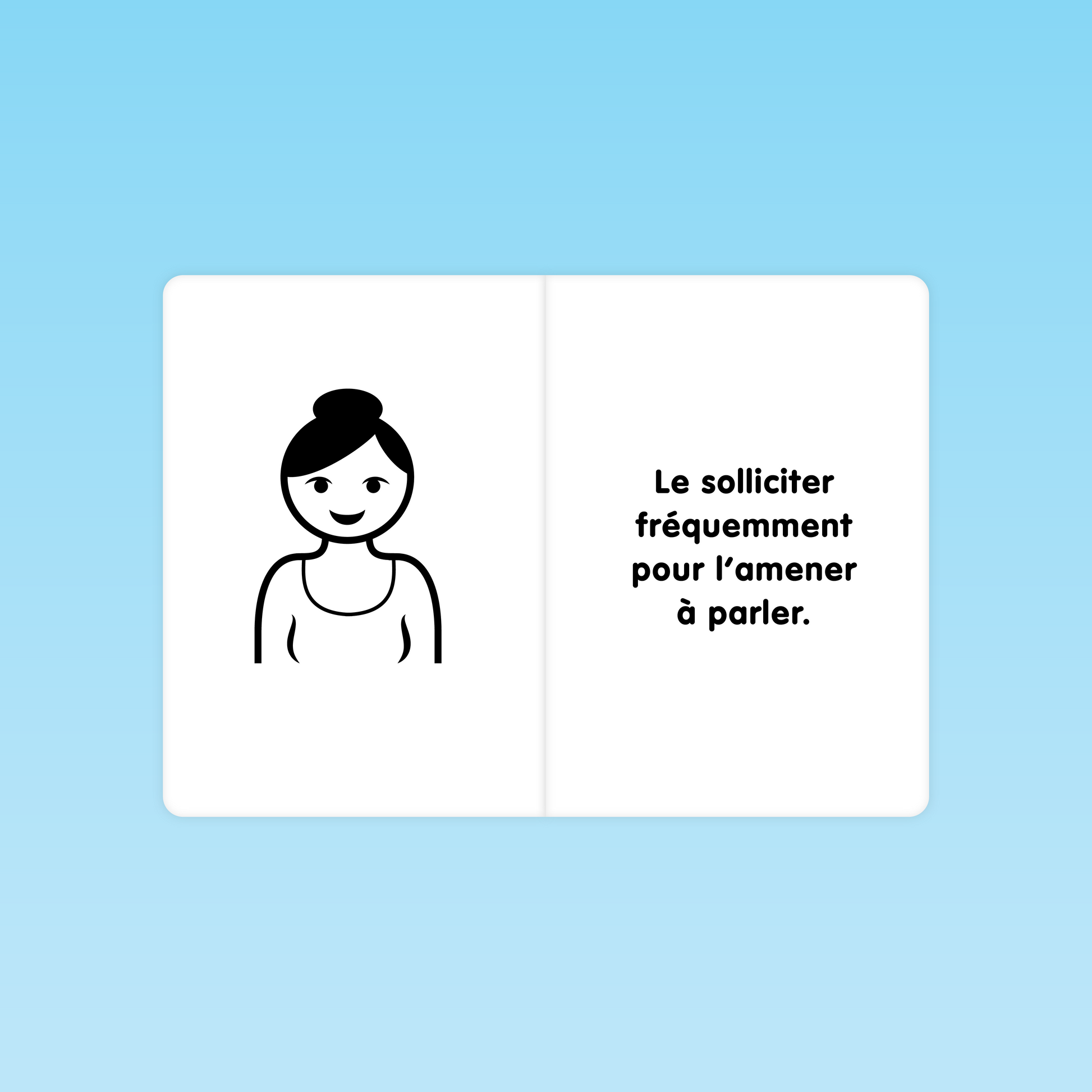 Illustration du livret Parler Bambin montrant l’importance de solliciter fréquemment l’enfant pour favoriser son expression orale