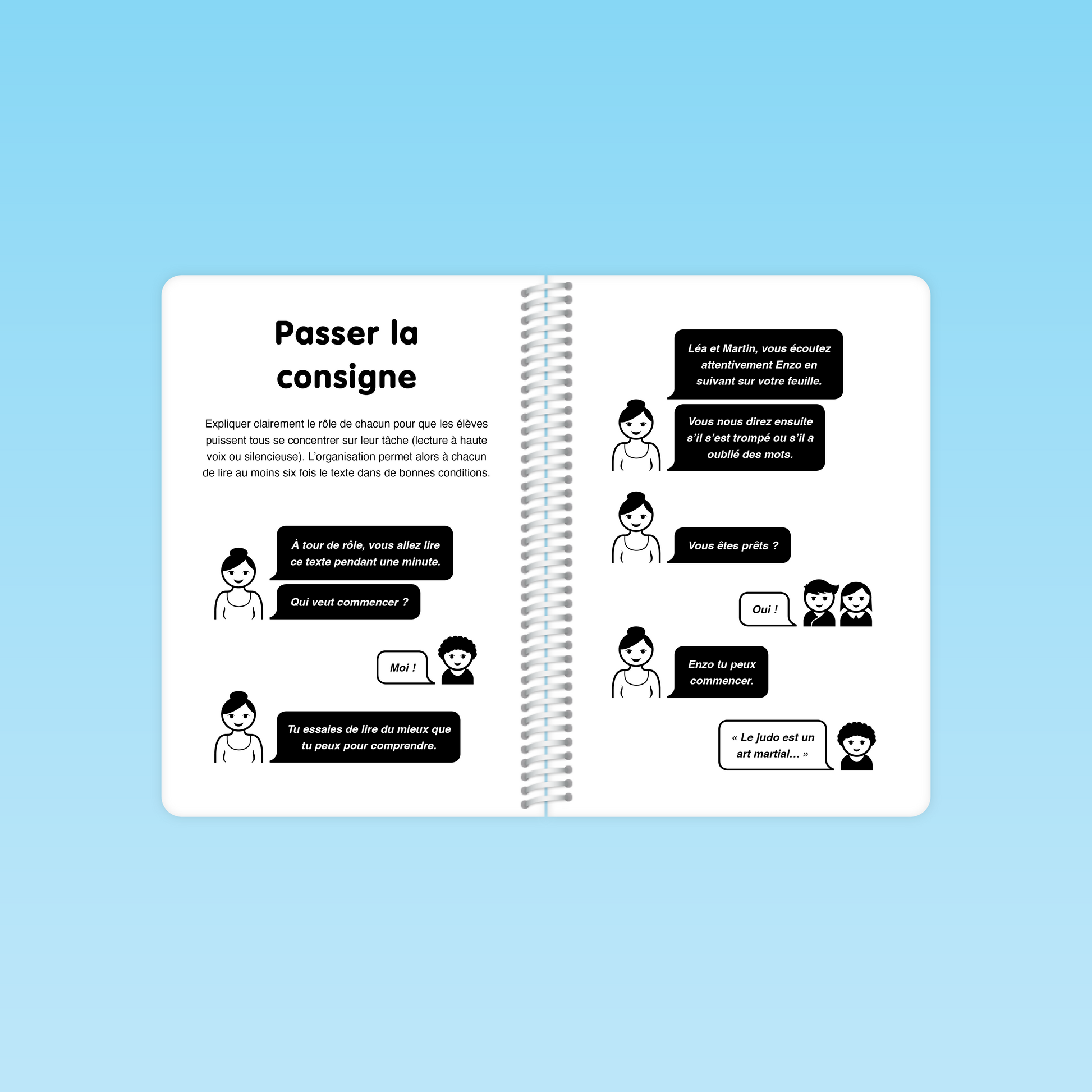 double page du guide Fluence de lecture CE CM montrant la section « Passer la consigne » avec exemples de dialogues et icônes