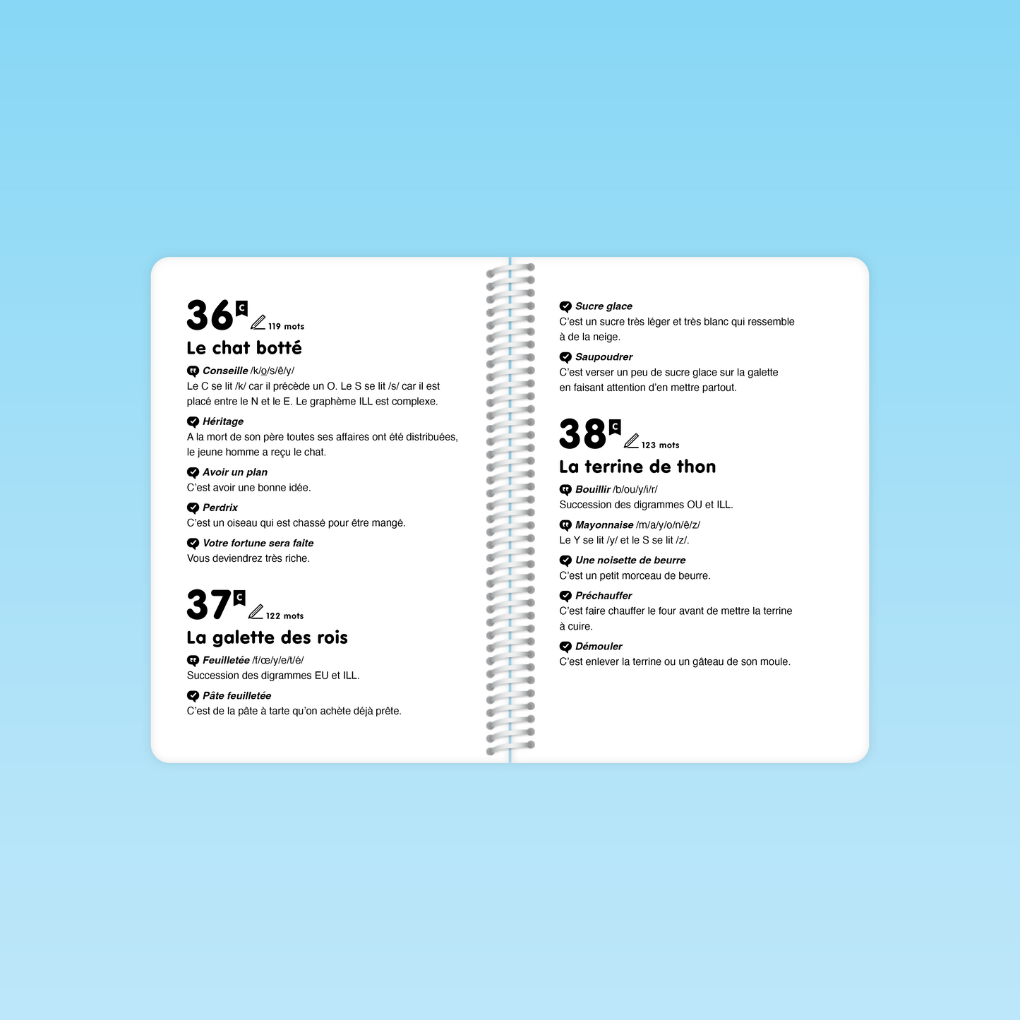 ouble page du guide Fluence CP / CE présentant les explications phonétiques et définitions contextuelles pour les textes 36 (« Le chat botté »), 37 et 38