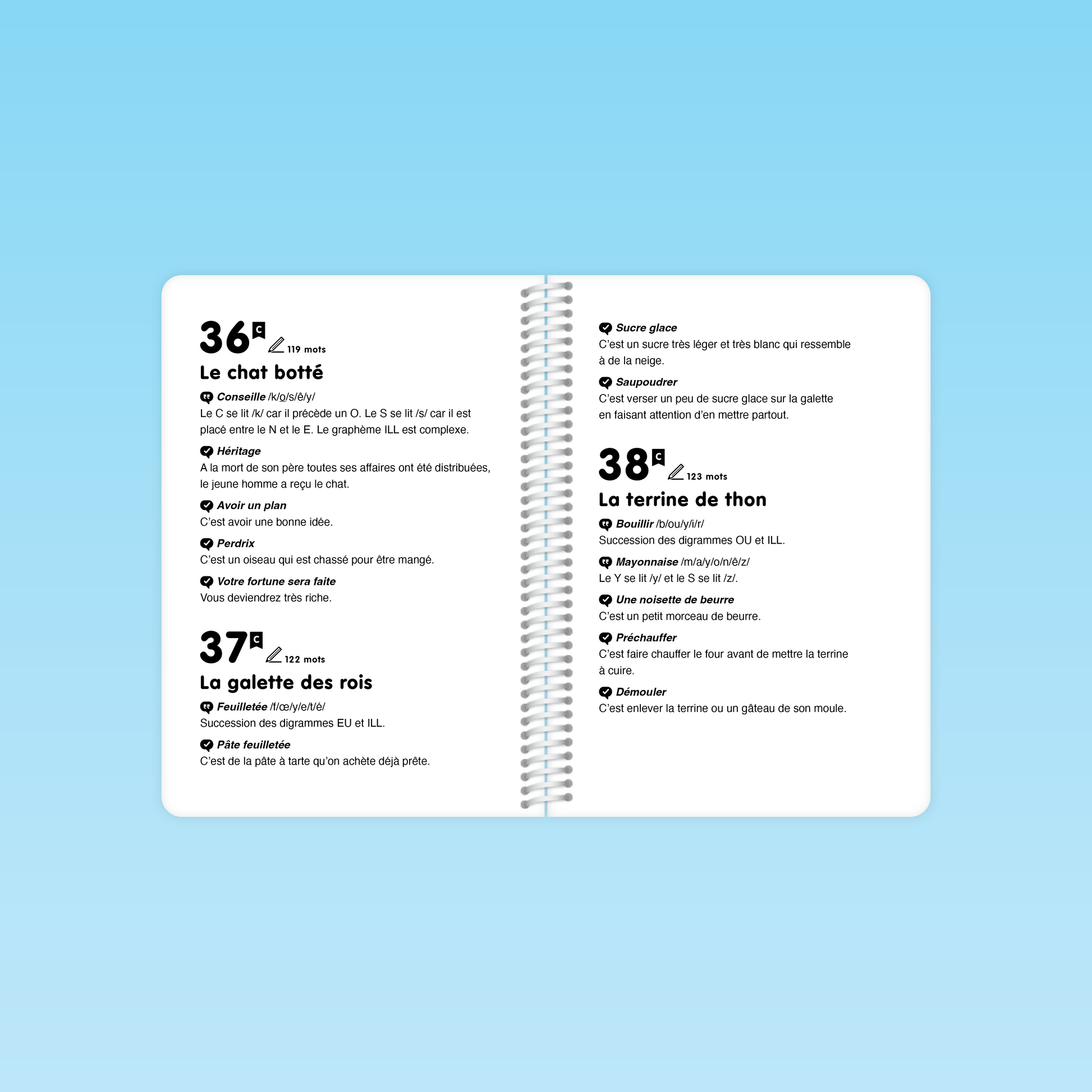 ouble page du guide Fluence CP / CE présentant les explications phonétiques et définitions contextuelles pour les textes 36 (« Le chat botté »), 37 et 38