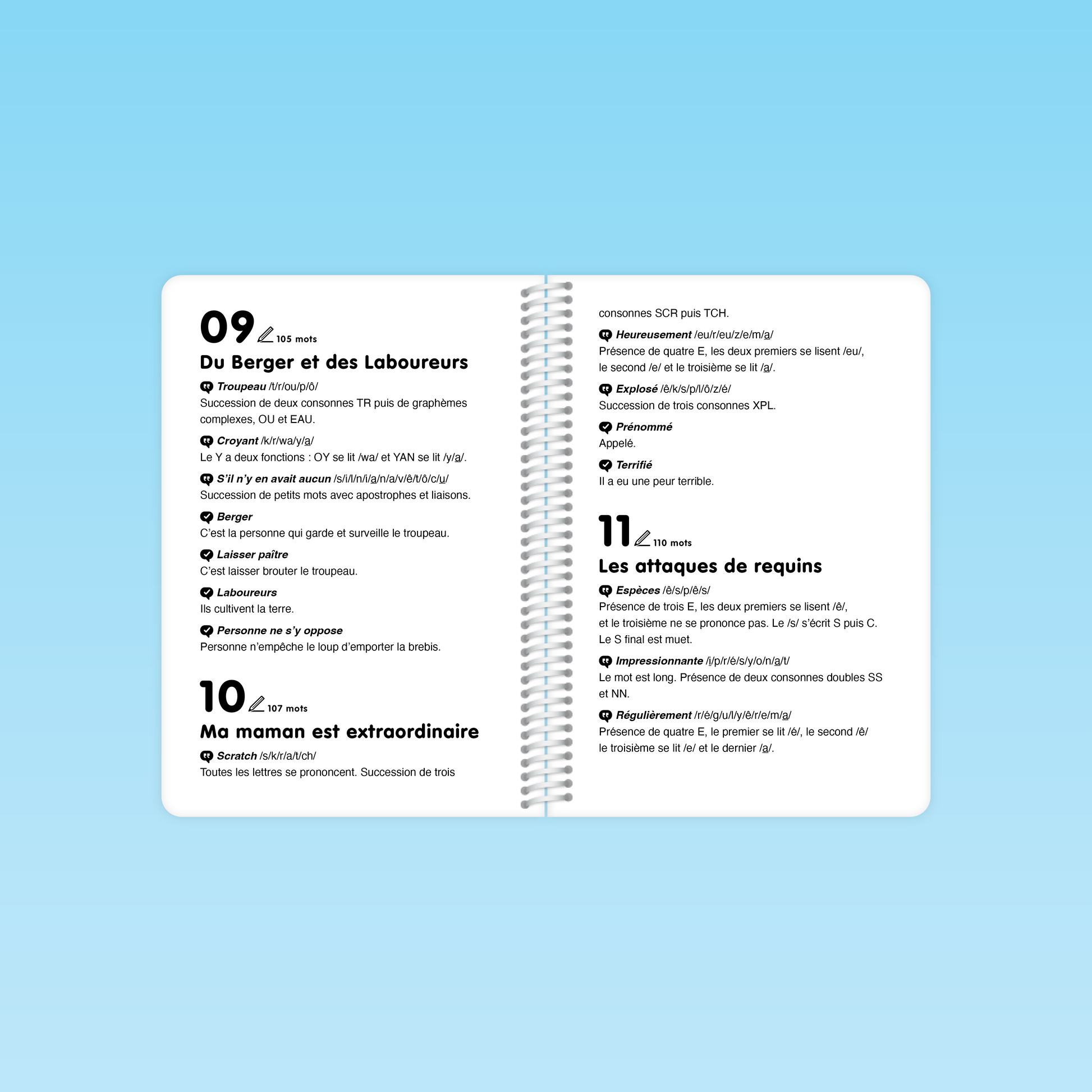 double page du guide Fluence de lecture CE CM présentant les explications phonétiques des textes 9 à 11 avec listes de mots et transcriptions phonétiques