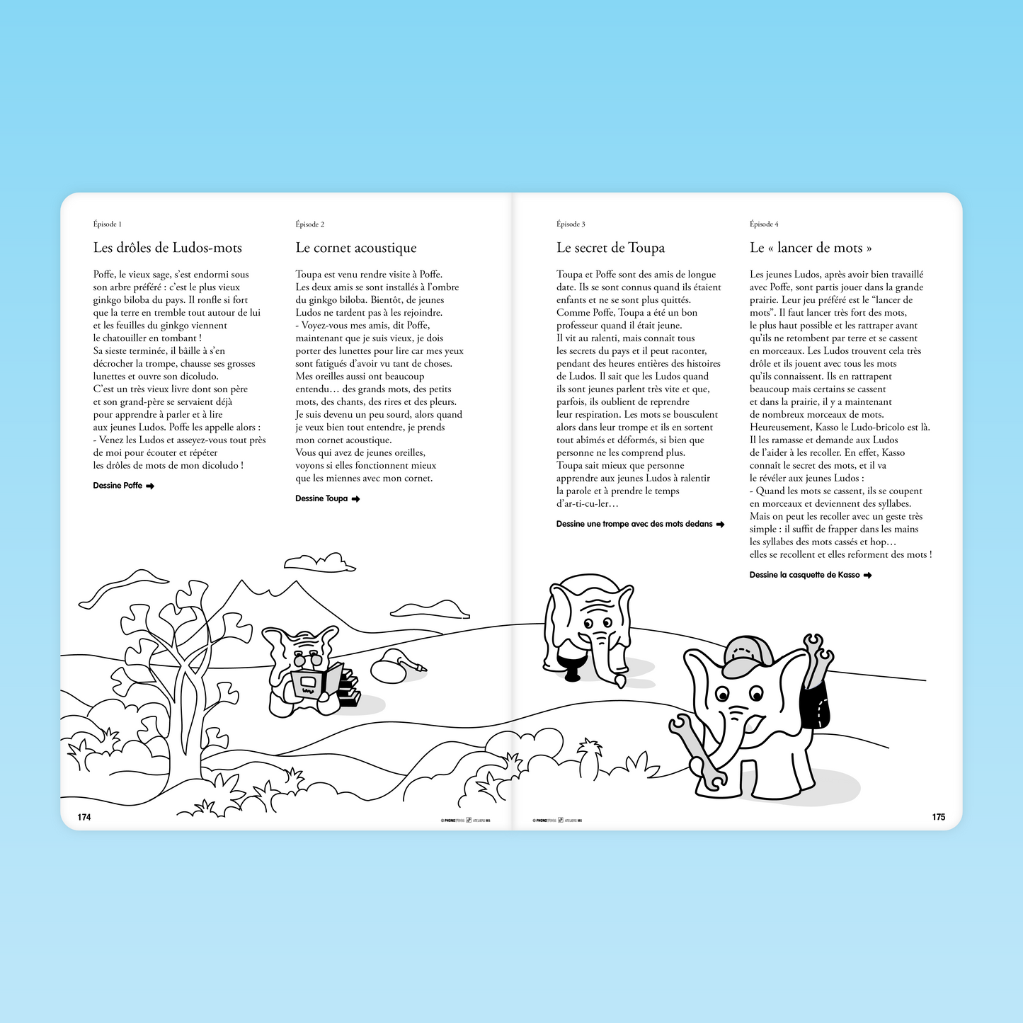 pages d’histoires illustrées avec les personnages des Ludos pour développer le langage en MS