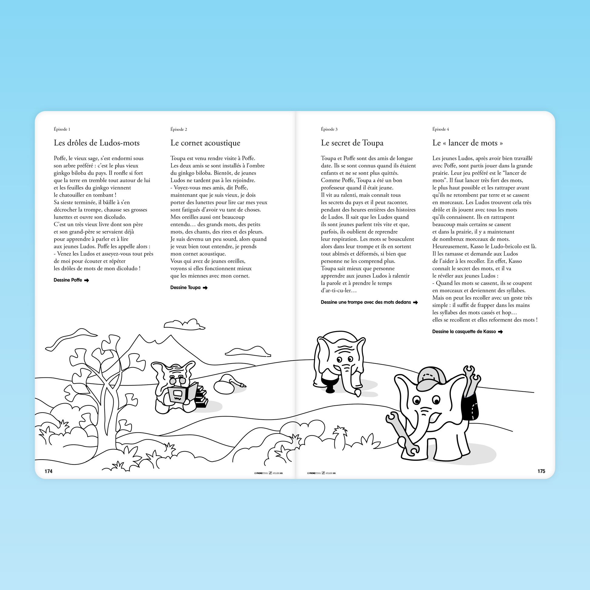 pages d’histoires illustrées avec les personnages des Ludos pour développer le langage en MS