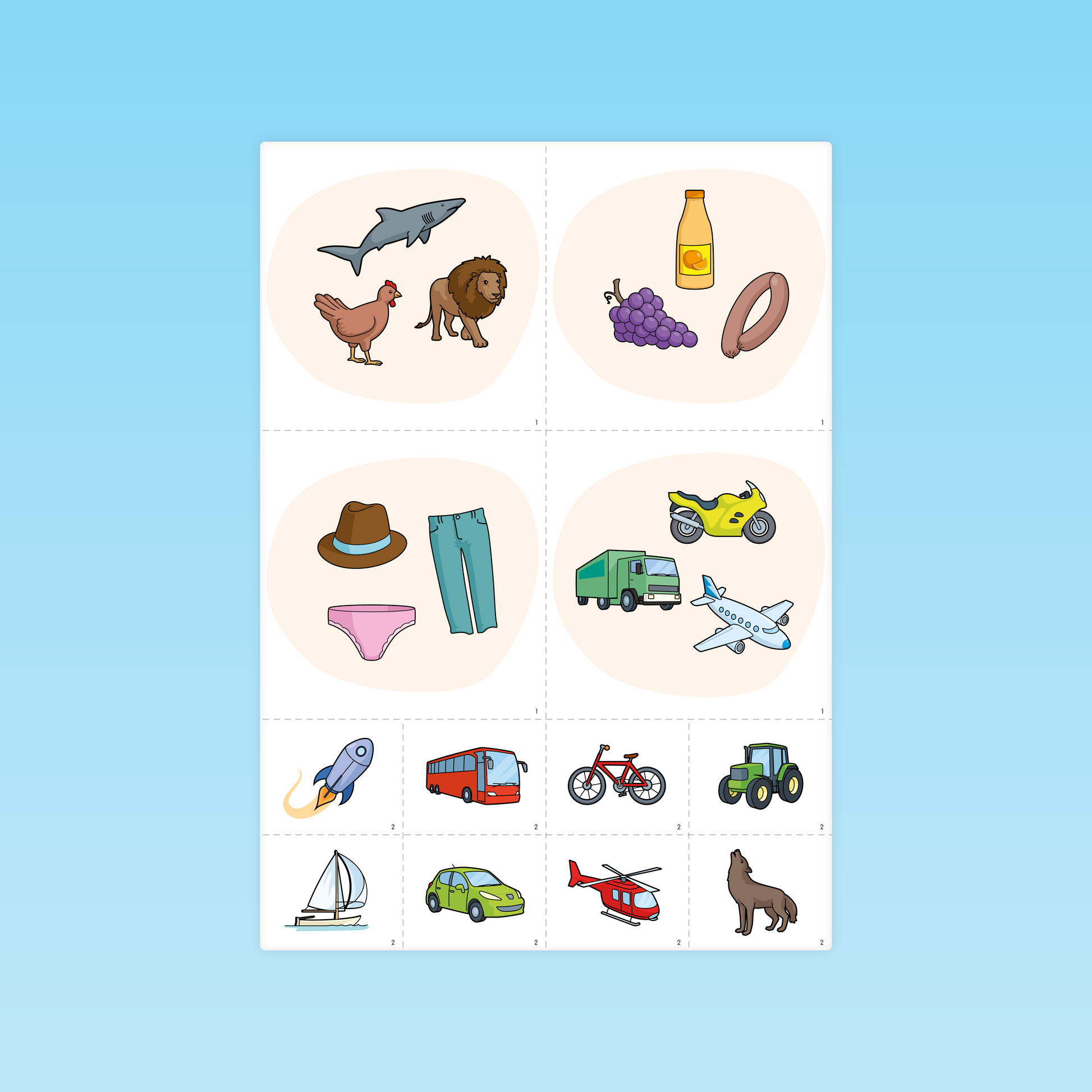 planche de cartes illustrées pour activités de tri et catégorisation du vocabulaire en MS