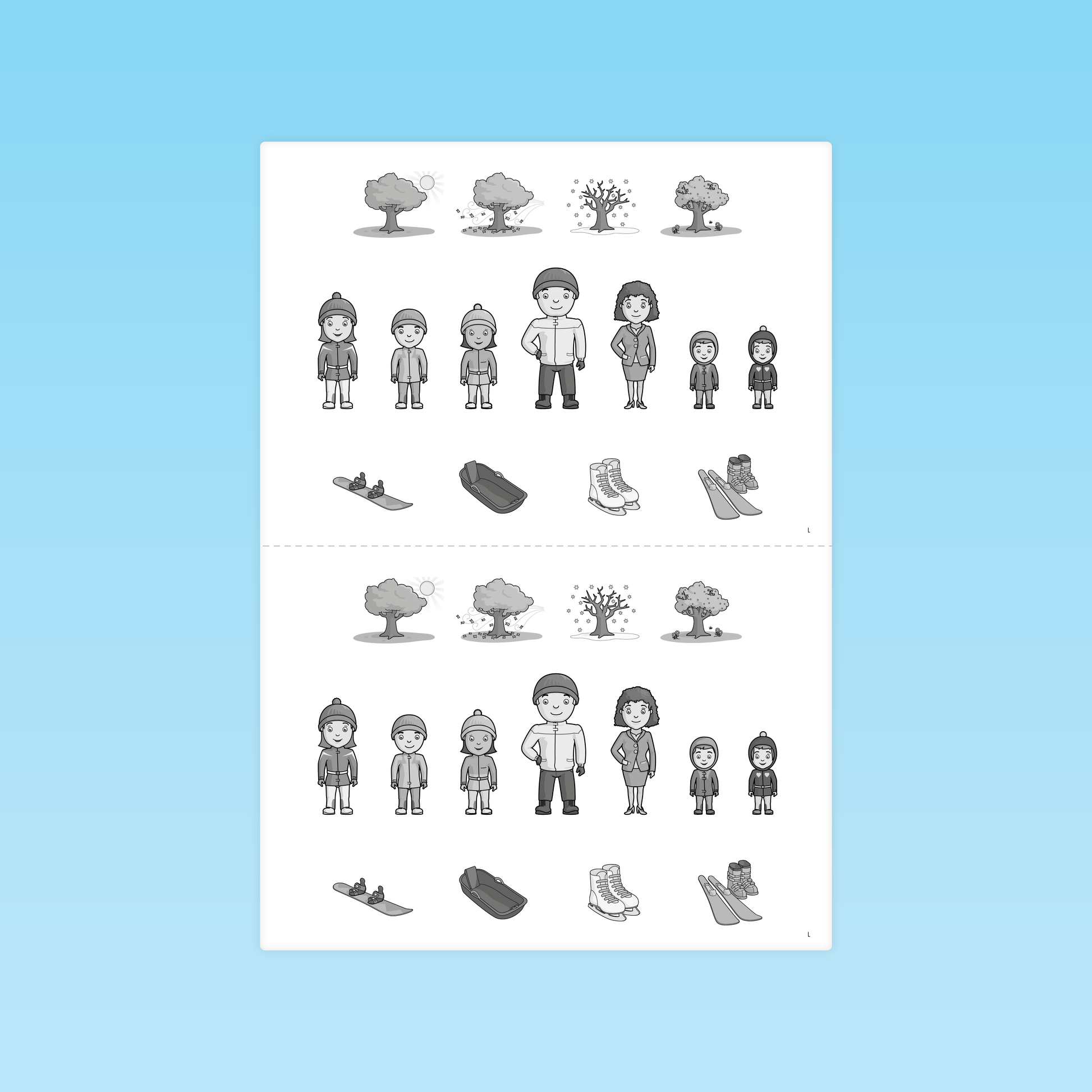 planche d’illustrations à découper avec personnages, saisons et objets pour la compréhension de récit au CP