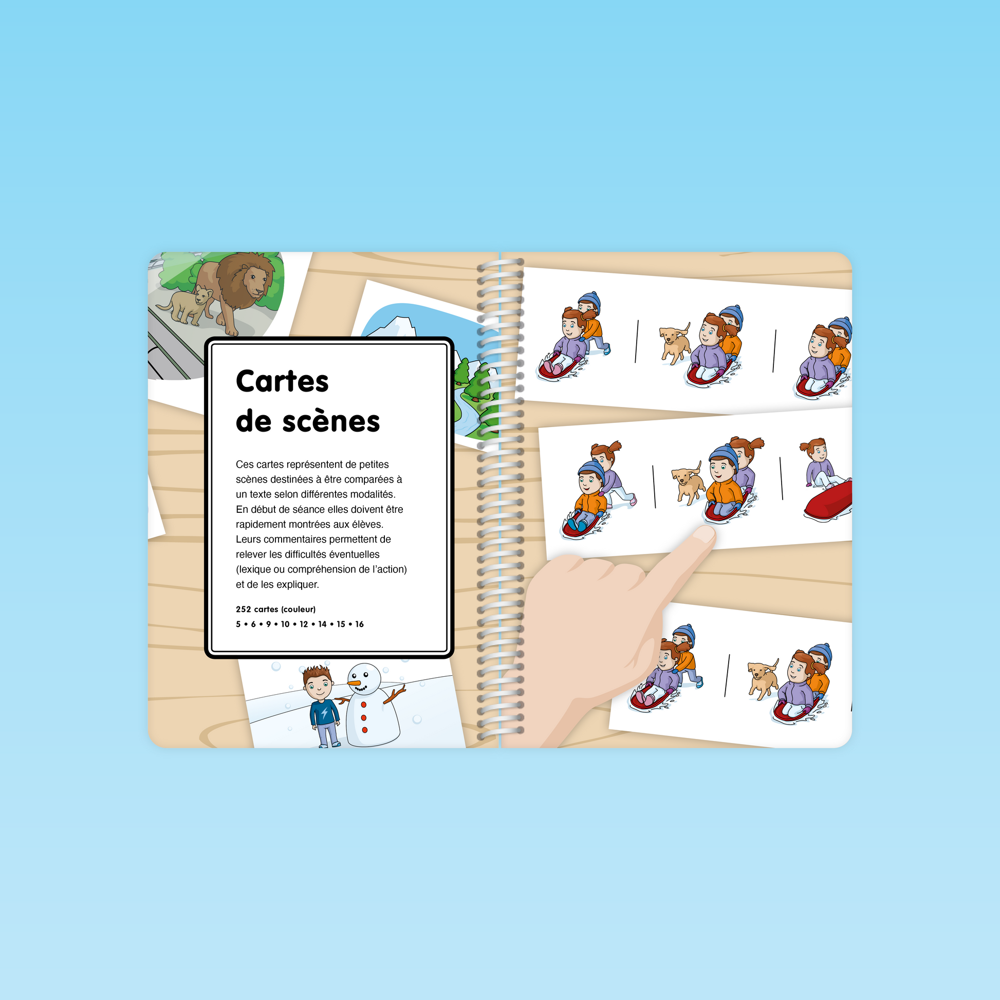 page présentant les 252 cartes de scènes destinées au guide Compréhension de la langue P1